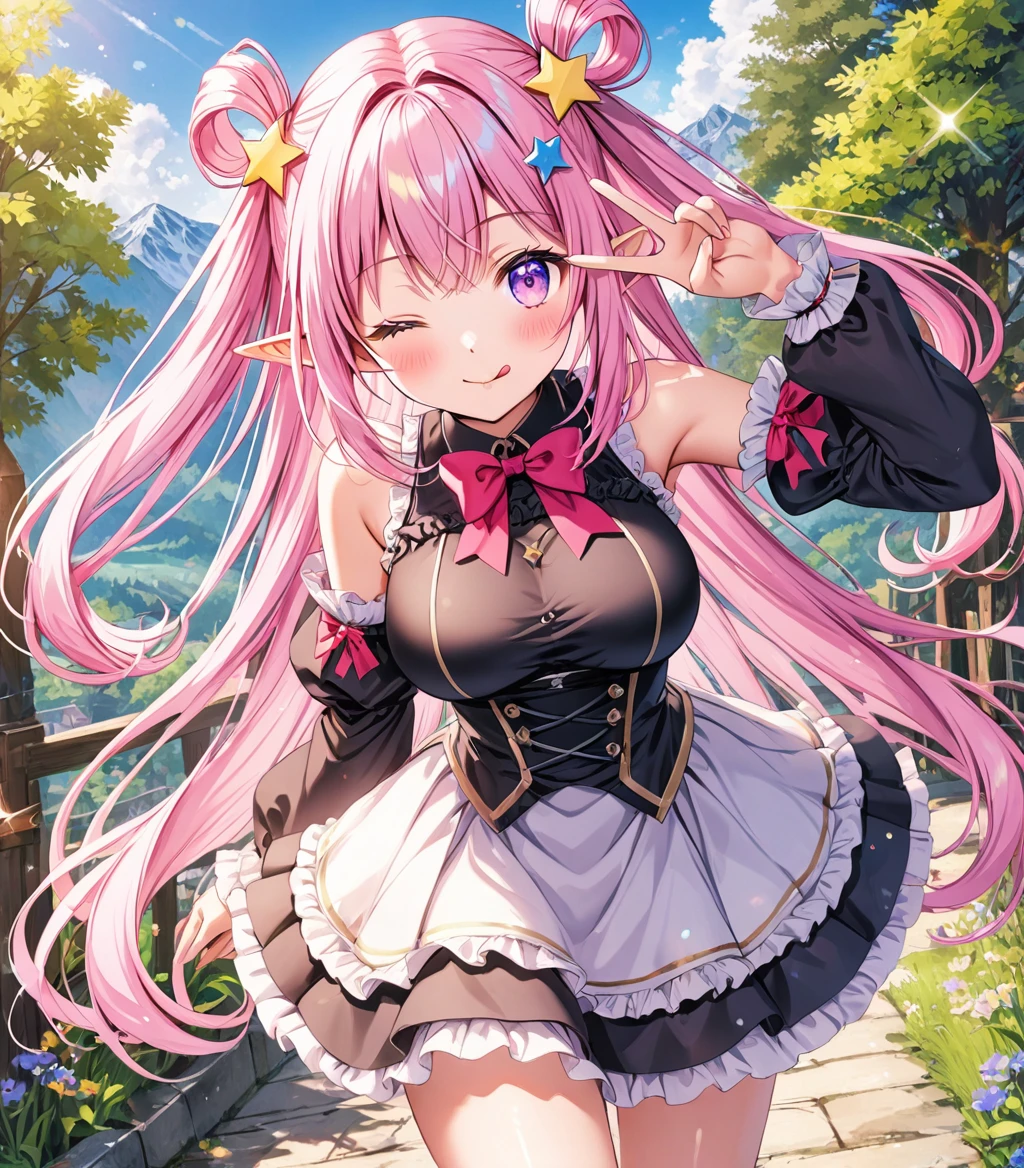 O,1girl,pointy ears,one eye closed,pink hair,hair ornament,long hair,solo,star (symbol),elf,tongue,star hair ornament,detached sleeves,v,hair rings,tongue out,breasts,outdoors,skirt,looking at viewer,purple eyes,q,blush,bow,smile,bangs,day,v over eye,bare shoulders,double v,mountain,large breasts,sky,bowtie,frills,very long hair,standing,