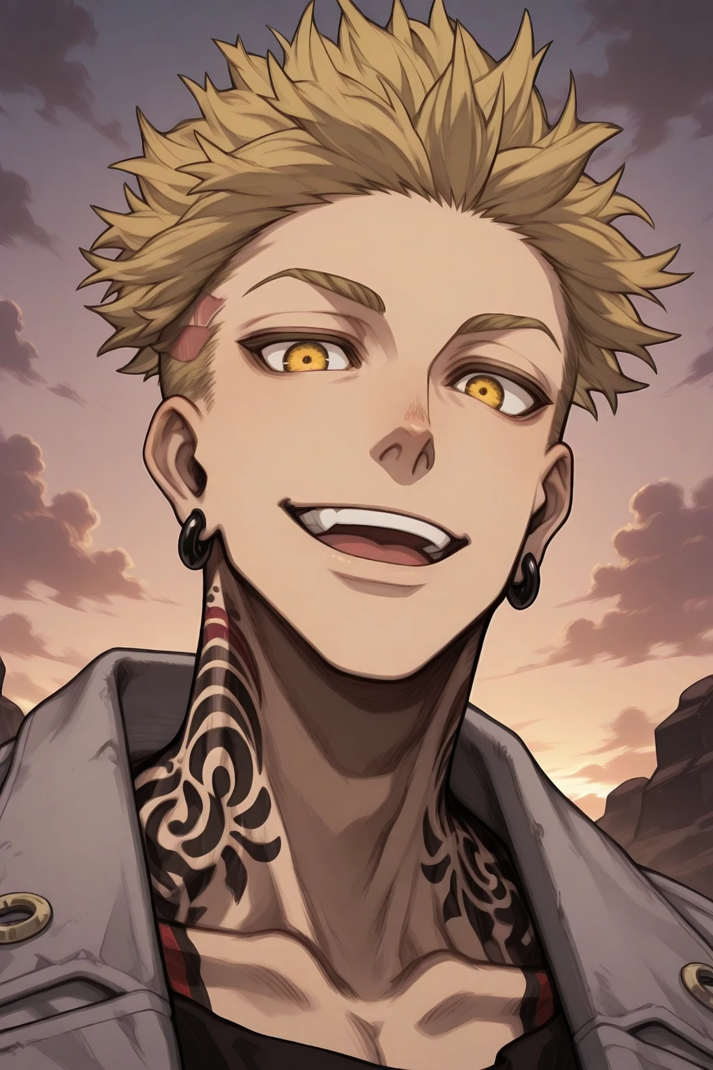 masterpiece, best quality, absurdres, enjin_gachiakuta, 1boy, male focus, solo, tattoo, jewelry, blonde hair, neck tattoo, earrings, yellow eyes, jacket, smile, open mouth, collarbone, short hair, teeth, cloud, sky, portrait, undercut, cloudy sky, spiked hair, looking at viewer, outdoors, grey jacket, upper body, upper teeth only  <lora:enjin-09:1>