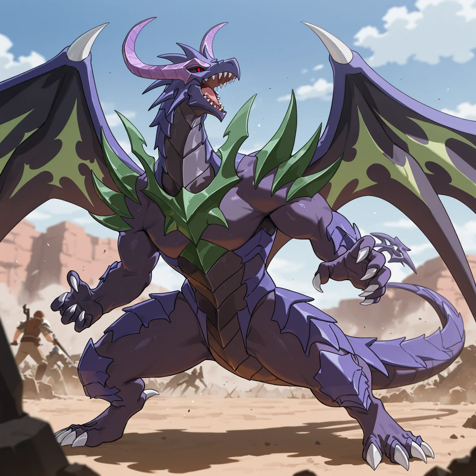 masterpiece, best quality, perfect quality, score_9, score_8, male focus, solo focus,DH4R4k,dragon,purple body,horns,claws,scales,wings, green spikes_\(anatomy\),sharp teeth,black sclera,red eyes, full body, open mouth, standing, fight stance, battleground, detailed background, high quality,highly detailed