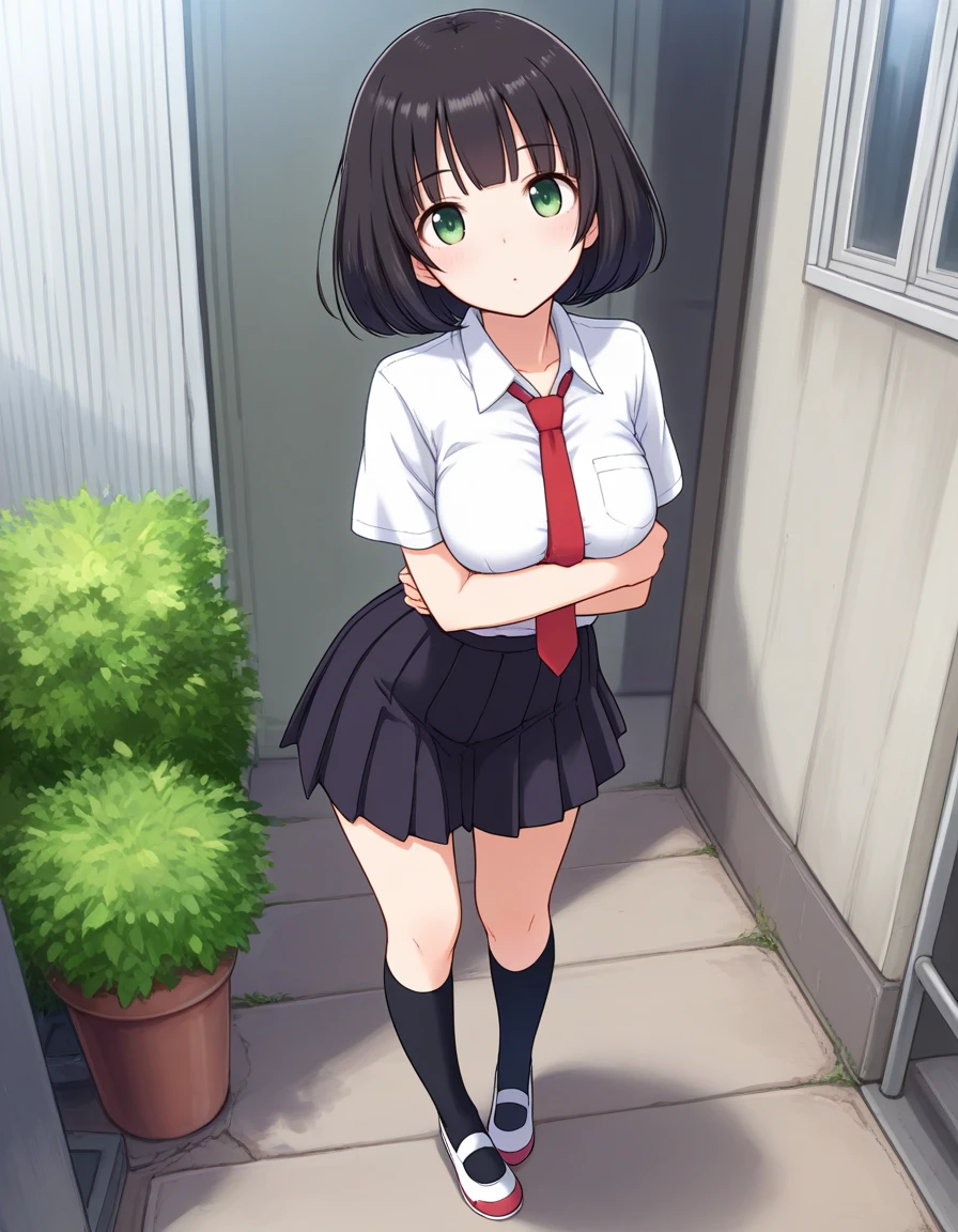masterpiece, best quality, <lora:immoral_girl:0.8> immoral_girl, black hair, bob cut hair, green eyes, , serafuku, shirt, neck tie, pleated black skirt, black thighhighs, white flat shoes, solo,, facing viewer, looking at viewer, open eyes, , full body view, head, , legs, shoes, solo, outdoor, standing,
