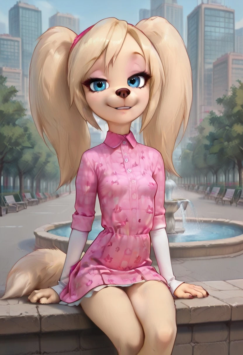 masterpiece, best quality, amazing quality, very aesthetic, absurdres, newest, break
outdoors, city park, trees, fountain
Rosa Barboskina, Dog girl, anthro canine, female, small breasts, twintails, blonde, dog feet, canine legs, break
short pink dress, no sleeves, mini skirt
sitting on the fountain edge, sexy pose, looking at viewer, seductive, cowboy shot