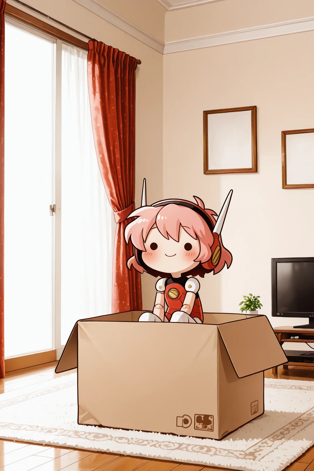 (masterpiece, best quality:1.3), top quality, insaneres, (maximalism:1.1), hyperdetailed, amazing quality, very aesthetic, hikaru1, d00dle, chibi only, (solo:1.2), sitting, in box, doll joints, (solid circle eyes, dot eyes), smile, blush, cute, adorable, indoors, living room, couch, coffee table, rug, curtains, tall window, contempary architecture