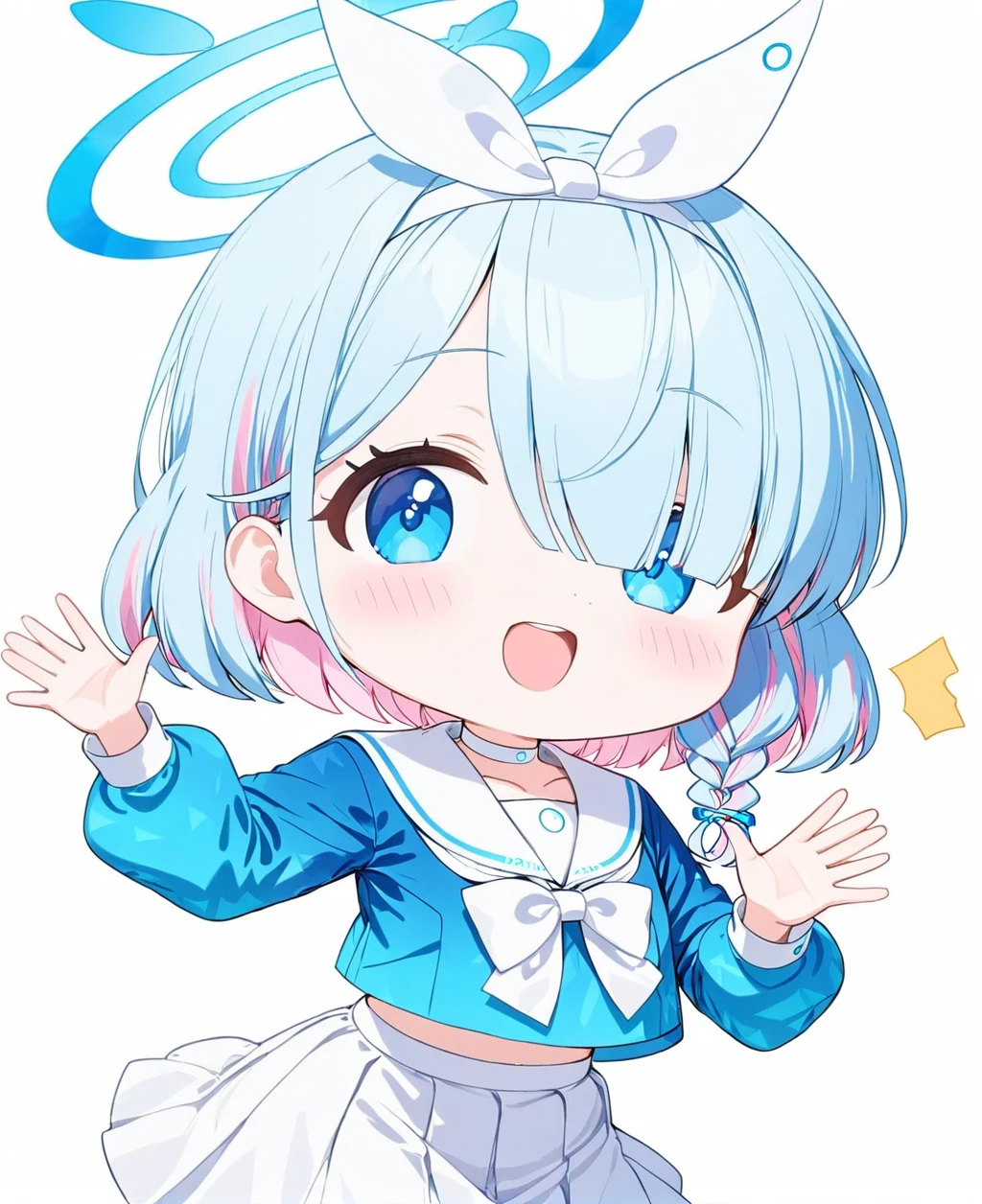 arona (blue archive),1girl, arona (blue archive), solo, skirt, halo, blue eyes, blue hair, white skirt, hair over one eye, school uniform, white background, multicolored hair, sailor collar, braid, blue shirt, chibi, simple background, shirt, smile, white sailor collar, ribbon, pleated skirt, choker, serafuku, short hair, pink hair, long sleeves, looking at viewer, bow, hairband, puffy long sleeves, blush, open mouth, hair ribbon, single braid, waving, bangs, two-tone hair, white choker, puffy sleeves, colored inner hair, white hairband