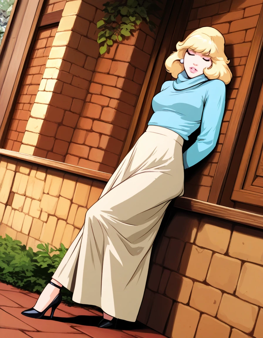 masterpiece, best quality,  liz, blond girl, medium hair, bangs, earrings, parted lips, upper teeth, , thin waist, white shirt, pencil beige skirt, long skirt, high heels,
 <lora:liz_illu:1.0>