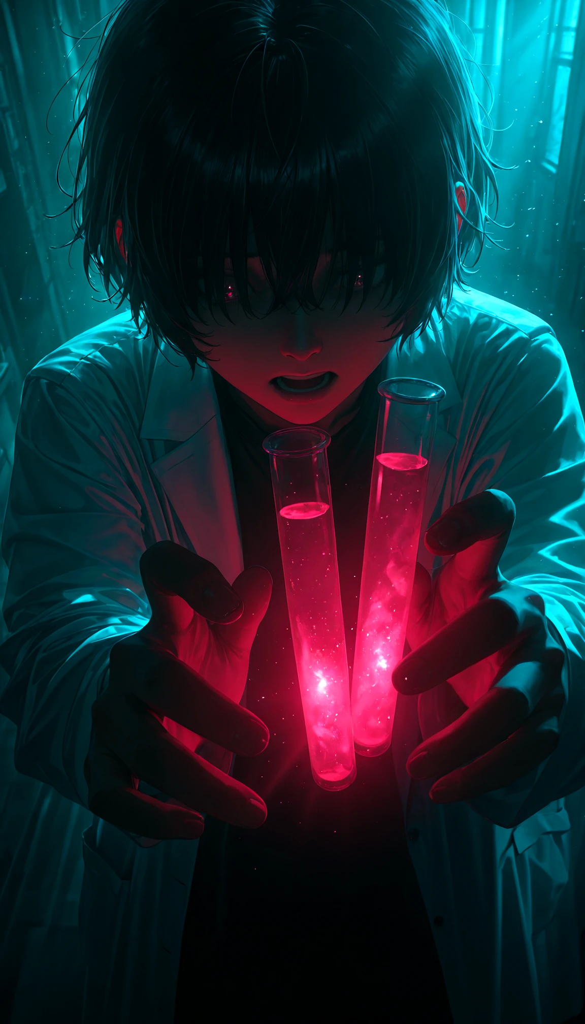 light rays, chiaroscuro, close-up, from above, foreshortening, hand focus, 1girl, black hair, short hair, bangs, hair over eyes, messy hair, white lab coat, open coat, fingernails, detailed hands, shocked, open mouth, holding, sparkling test tubes, filled with magical neon pink liquid, embers, glowing, lab, test tubes, iridescent particles floating, mist, steam, dark, dim lighting, <lora:IL\kms_in the dark_IL-000003:1>