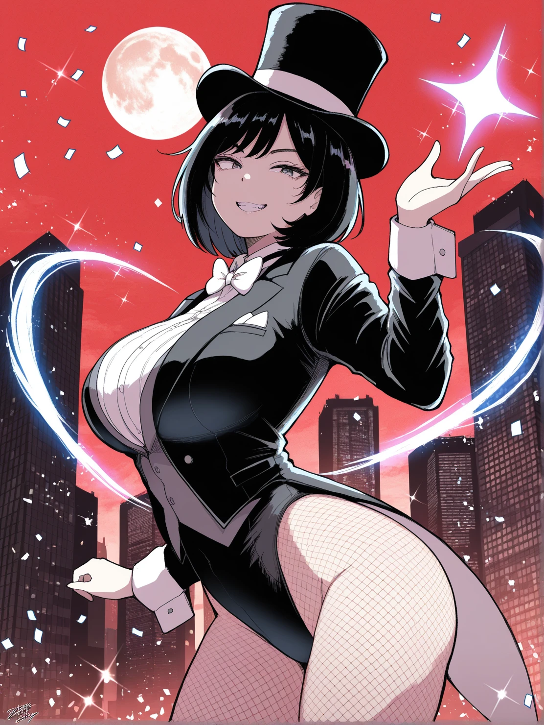 1 girl, black bunny suit, strapless, white cuffs, collar and bow tie, (flat chest, small breasts:1.2), bangs, laughing and smiling, in casino with red curtains, cinematic lighting, (8k, masterpiece, best quality, raw photo)