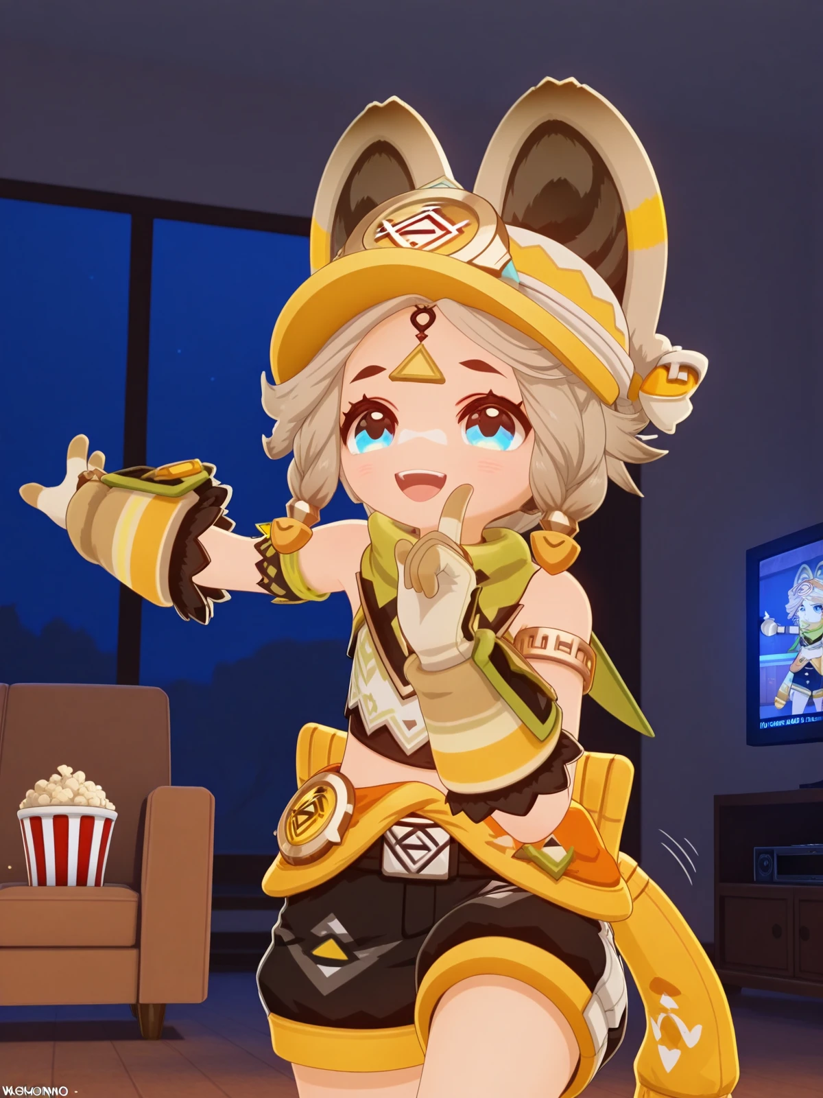 masterpiece, best quality, amazing quality,, <lora:genshin-kachina-ingame-illustriousxl-lora-nochekaiser:1>, kachina, kachina (geshin impact), short hair, blue eyes, blonde hair, animal ears, grey hair, braid, twin braids, facial mark, 3d, gloves, shorts, black gloves, belt, black shorts, shirt, scarf, green scarf, bare shoulders, armlet,, <lora:hoshino-ruby-dance-illustriousxl-lora-nochekaiser:1>, hoshino ruby dance, finger wagging, index finger raised, dancing, outstretched arm, cowboy shot, smile, open mouth,, living room, television, couch, popcorn, watching movie, night time, sitting, cowboy shot, solo, looking at viewer,