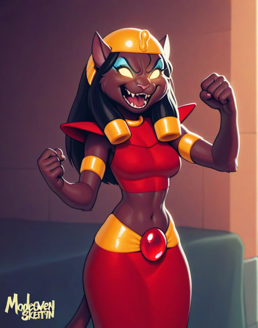 masterpiece, best quality, high resolution, warm lighting, solo, backyard,
mirage, female, anthro, cat, brown fur, eyeshadow, black hair, gold headwear, red topwear, pauldron, red skirt, gold waistband, red jewel, glowing eyes, one hand up, fist, evil laugh,
by pixelsketcher,by modeseven,by keffotin, <lora:MirageXL_045-Illus-nd32-na32-lr1-b2-ep08:1>