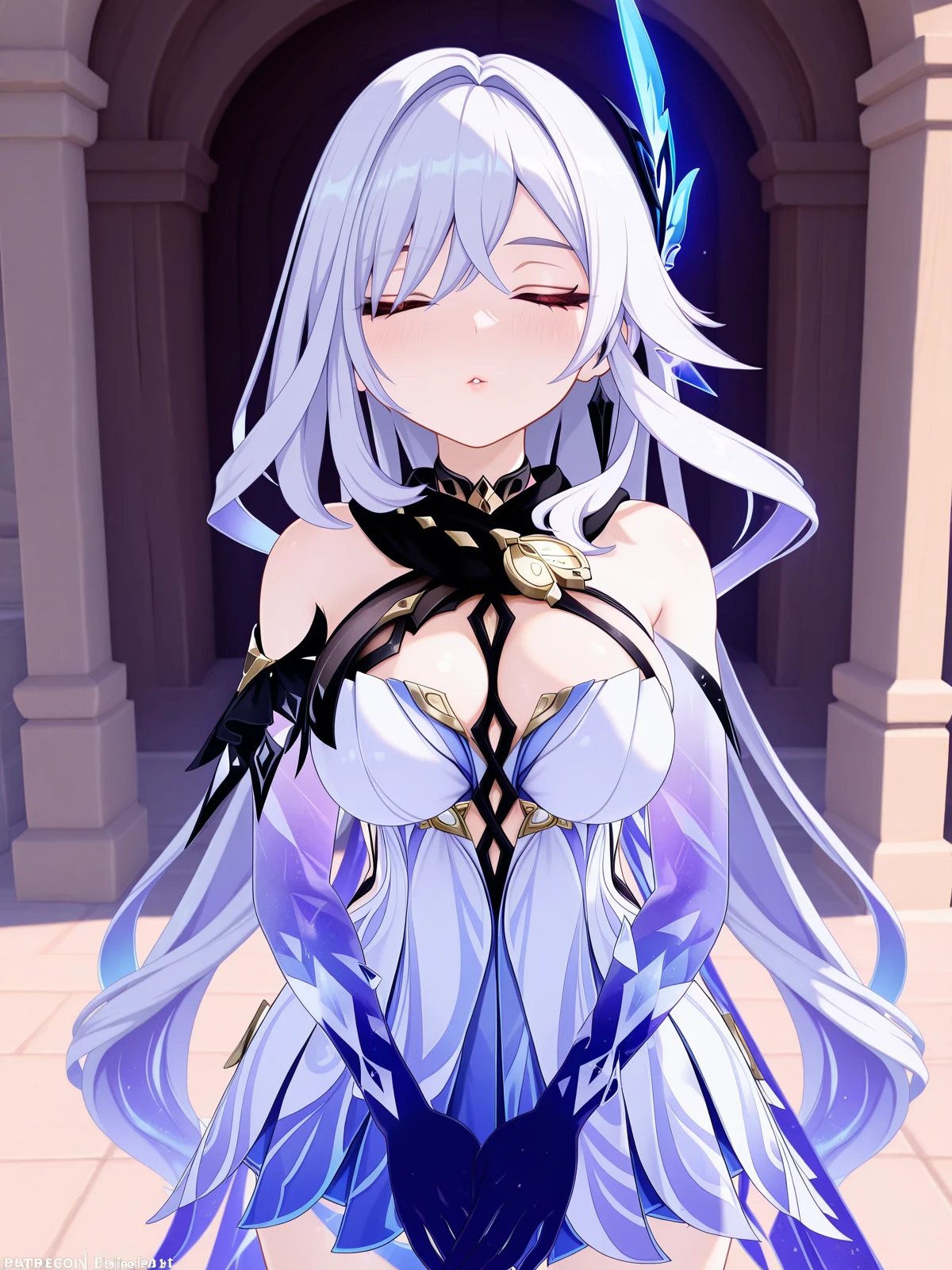 masterpiece, best quality, amazing quality,, <lora:genshin-skirk-ingame-illustriousxl-lora-nochekaiser:1>, skirk, skirt (genshin impact), long hair, bangs, hair ornament, hair between eyes, very long hair, red eyes, white hair, mature female, breasts, 3d, gloves, dress, cleavage, bare shoulders, elbow gloves, white dress, <lora:incoming-kiss-illustriousxl-lora-nochekaiser:1>, incoming kiss, closed eyes, blush, pov, upper body, minaret, tall, mosque, call_to_prayer, holy, cowboy shot, solo, looking at viewer,