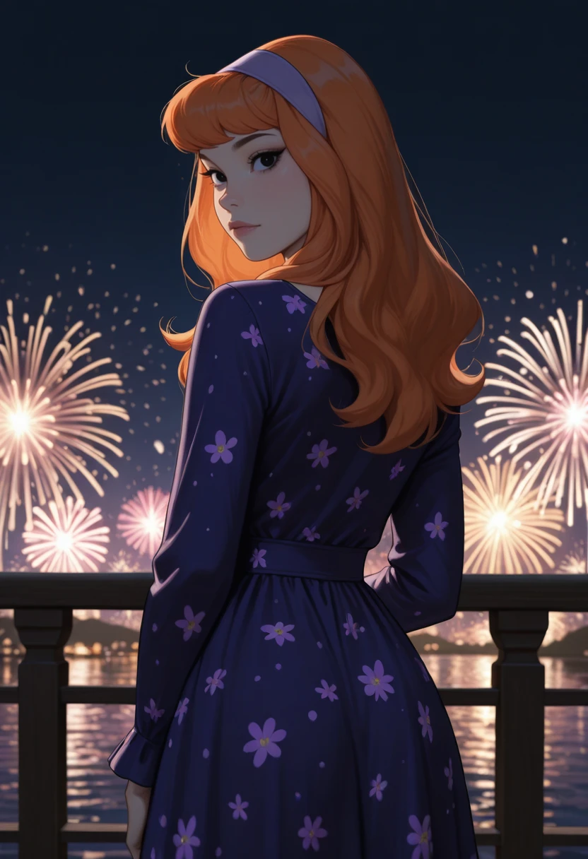 very awa, masterpiece, best quality, absurdres, newest, perfect quality, detailed background, intricate details
<lora:ILSc00byD0D4phn3:1>
Sc00byD0D4phn3, 1girl, long hair, orange hair, black eyes, hairband, looking at viewer, , cowboy shot, dress, looking back, fireworks, at night