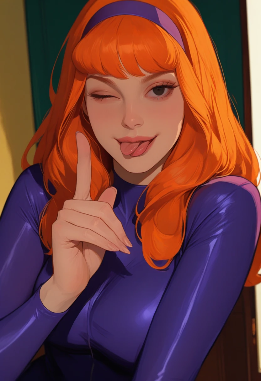 very awa, masterpiece, best quality, absurdres, newest, perfect quality, detailed background, intricate details
<lora:ILSc00byD0D4phn3:1>
Sc00byD0D4phn3, 1girl, long hair, orange hair, black eyes, hairband, looking at viewer, tongue out, confident expression, winking, finger gun gesture, pointing at viewer, mischievous smile, tight outfit, playful pose, dynamic angle, bold shadows, dramatic lighting, stylish attitude
