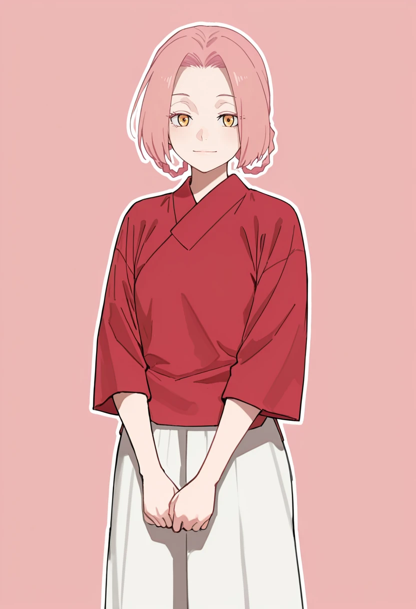 masterpiece, best quality,
1girl, solo,
standing, 
looking at viewer, light smile,
simple background, pink background, white outline,
<lora:Hintobento:0.7> h1nt0b3nt0sknsfw,
 <lora:Mei:1> m31j1g0, pink hair, short hair, yellow eyes, braid, hair rings, 
red shirt, skirt, white skirt, japanese clothes, red kimono,