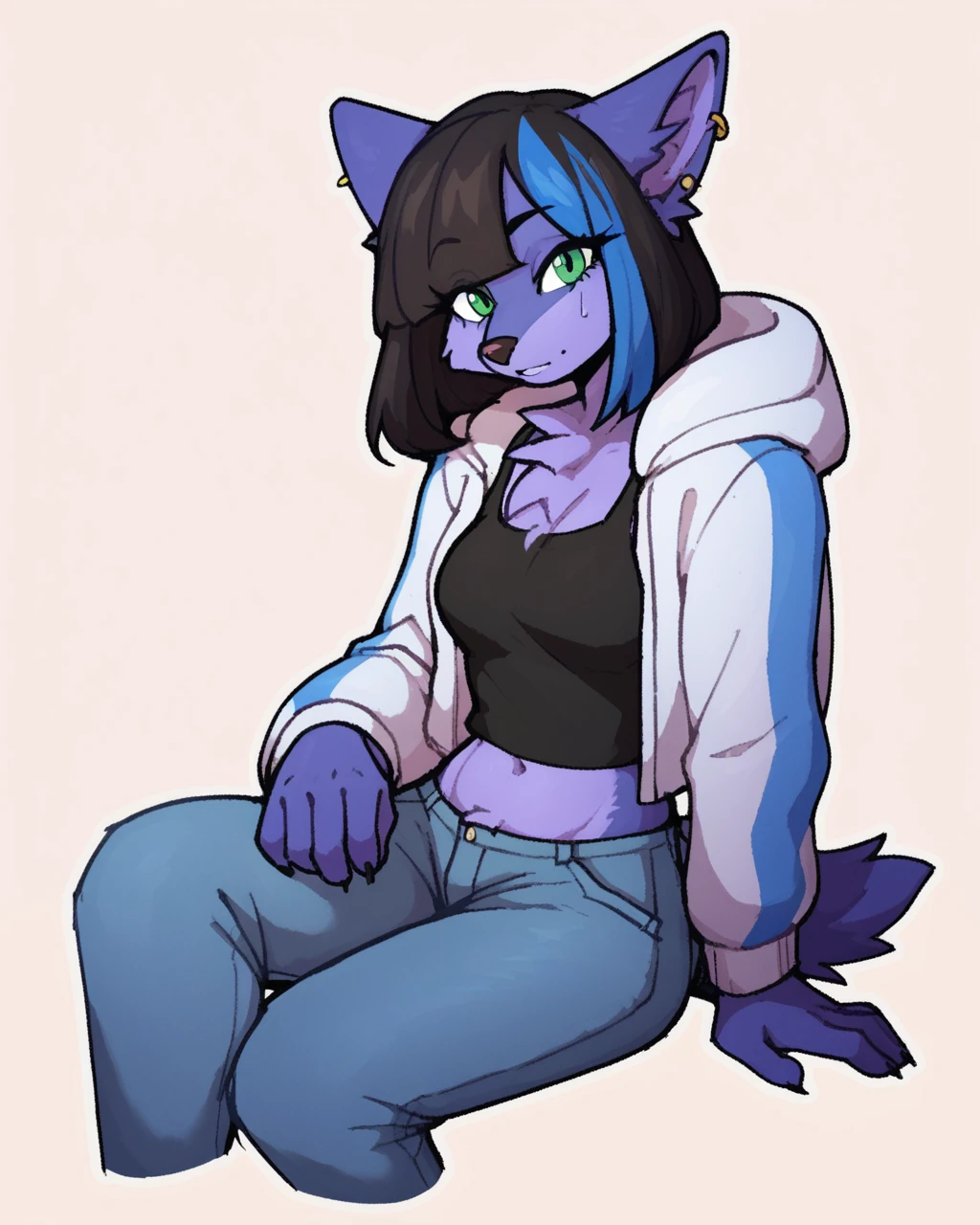 score_9_up, score_8_up, score_7_up, score_6_up, by remanedur, furry, female, fox, black hair, blue highlights, ear piercing, medium breasts, green eyes, looking at viewer, hoodie, midriff, jeans, neutral expression, black tank top, lounging, sitting, open jacket, head tilt, solo, three-quarter view, simple background, white outline, <lora:Leah_Pines(AIM)_XL_v1:0.15> <lora:PDXL_artist_tags_v2_big:0.5> <lora:The-Minuscule-Task_PDXL_v1.0:0.4> <lora:Yukina_yuve2625:0.7>