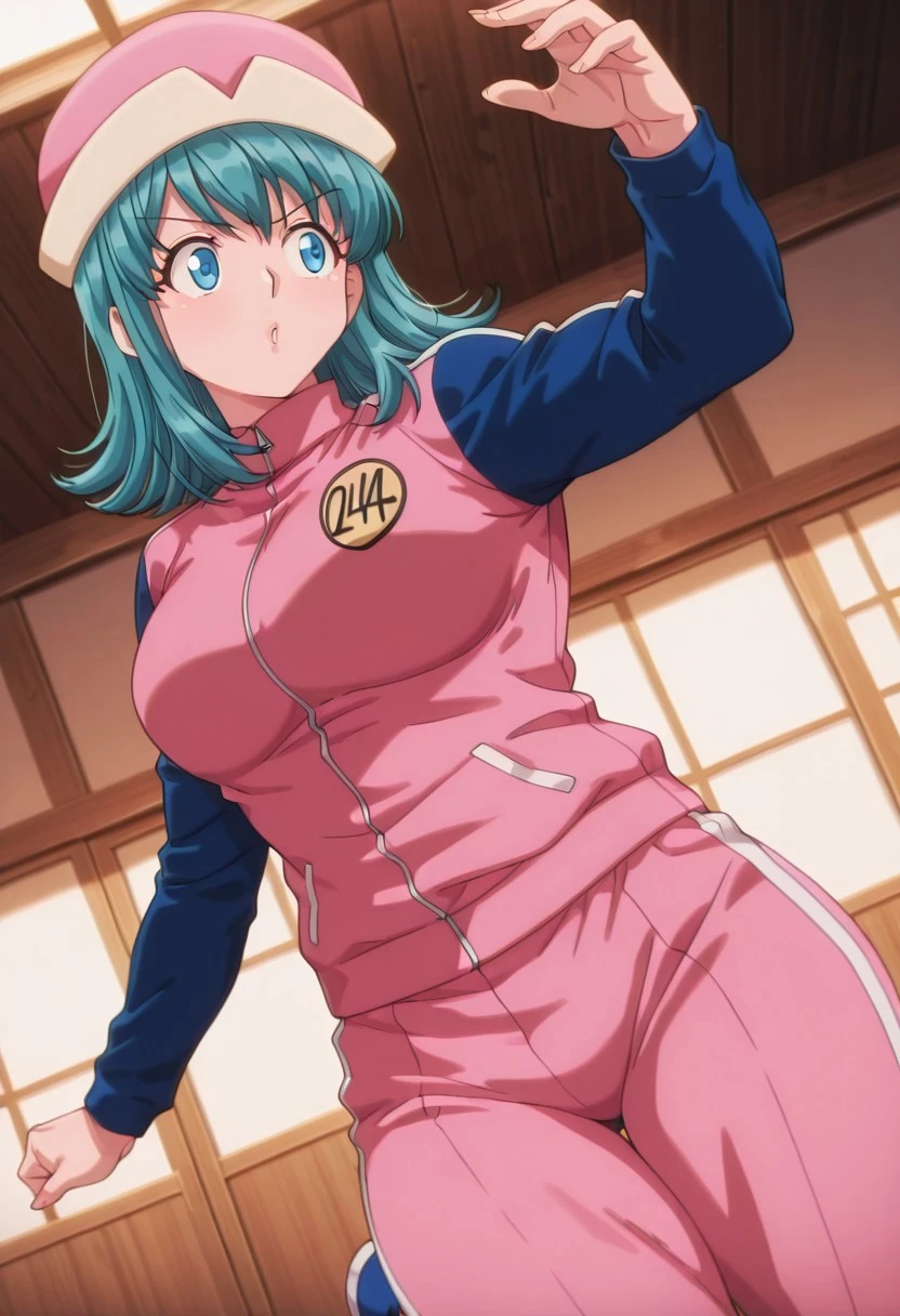 PonzuHxH, 1girl, solo, turquoise hair, medium hair, pink hat with white flaps, bangs, sidelocks, large eyes, blue eyes, lips, pink jacket with blue sleeves, large breast, thick thighs, pink baggy pants, blue shoes,
masterpiece, best quality, fine details, intricate details, depth of field, subsurface scattering, bokeh, ultra-detailed, very aesthetic, detailed background, newest, scenery, highres, absurdres, colorful, vibrant, glowing, perfect face, 2d, perfect eyes, vibrant saturated colors, volumetric lighting, sharp, detailed eyes, perfect anatomy, perfect face, perfect eyes, mature body, clear eyes, beautiful eyes, athletic, curvy body, athletic girl, perky tits, perfect tits, round breasts, pinup pose, teasing, lustful expression, perfect hands,
muscular female, dutch angle, dynamic pose,
,Smooth Negative, Smooth_Quality,