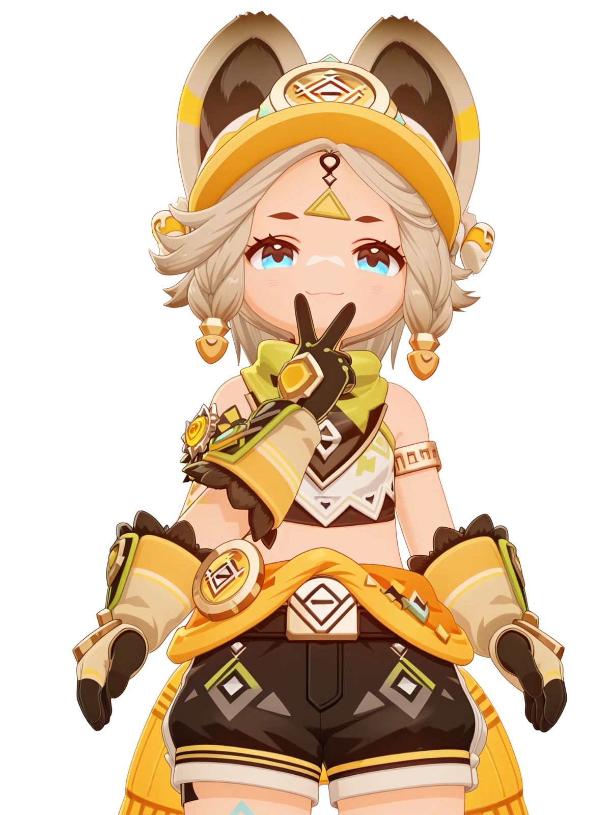 masterpiece, best quality, amazing quality,, <lora:genshin-kachina-ingame-illustriousxl-lora-nochekaiser:1>, kachina, kachina (geshin impact), short hair, blue eyes, blonde hair, animal ears, grey hair, braid, twin braids, facial mark, 3d, gloves, shorts, black gloves, belt, black shorts, shirt, scarf, green scarf, bare shoulders, armlet,, v, v over mouth, smug,, jungle, dense, wildlife, vines, green, cowboy shot, solo, looking at viewer, <lora:transparent-background-illustriousxl-lora-nochekaiser:1>, transparent background, simple background, white background