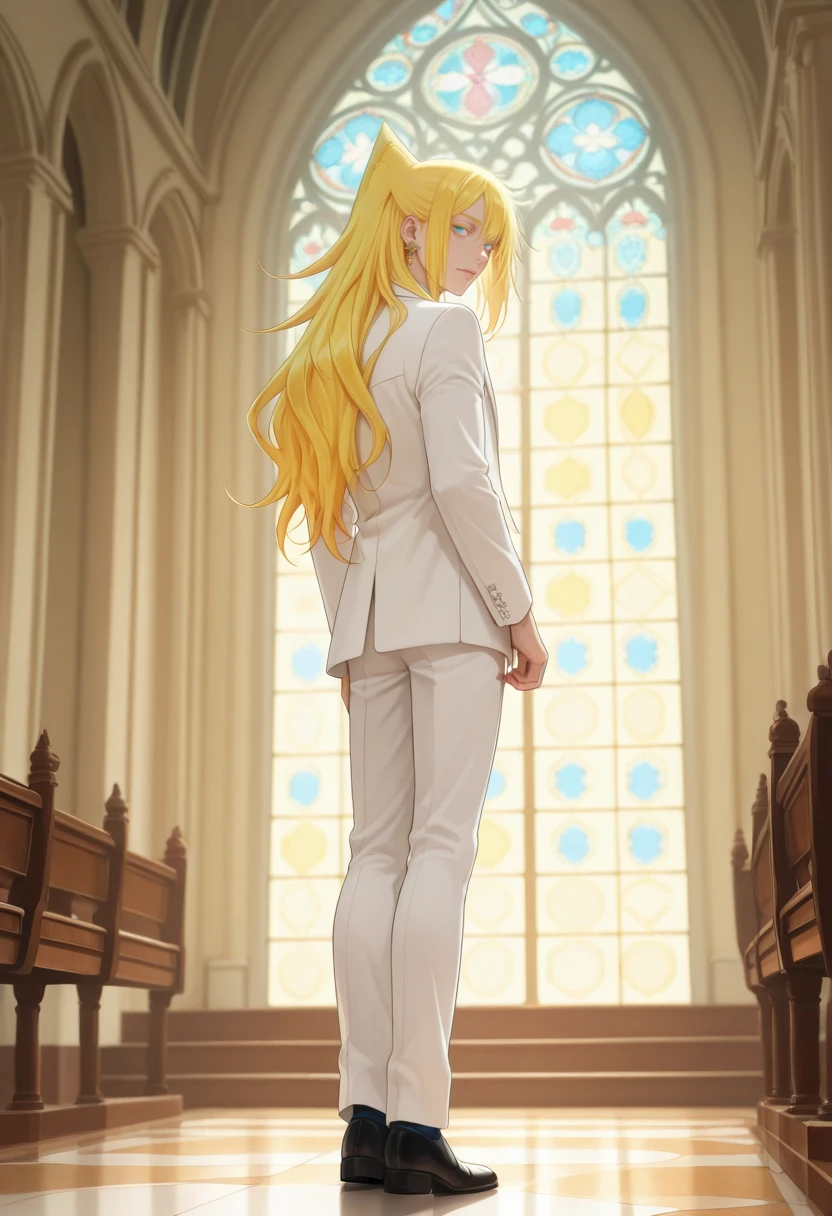 very awa, masterpiece, best quality, absurdres, newest, perfect quality, detailed background, intricate details,
<lora:ILMIMTW4kas4:1.0>
MIMTW4kas4, blonde hair, 1boy, male focus, blue eyes, long hair, colored eyelashes, high ponytail, jewelry, earrings, white suit, stained glass, looking back, full body, indoors, looking at viewer, church