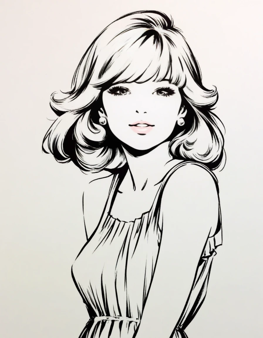 parted lips, gentle smile, sundress, half top body view, looking at viewer, solo,   masterpiece, best quality,  liz, blond girl, medium hair, bangs, earrings, parted lips, upper teeth, 
monochrome,  traditionnal media, white background,  
 <lora:liz_illu:1.0> ,