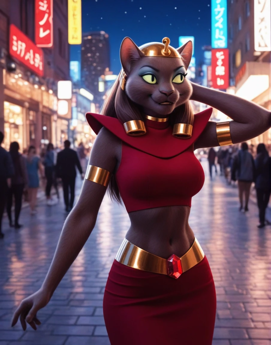 photorealism, masterpiece, best quality, high resolution, solo, city street, night,
mirage, female, anthro, cat, brown fur, green sclera, eyeshadow, gold headwear, red topwear, pauldron, red skirt, gold waistband, red jewel, smile, looking away, one hand behind head
by jinash,by pixelsketcher,by chromapan, <lora:MirageXL_045-Illus-nd32-na32-lr1-b2-ep08:1>