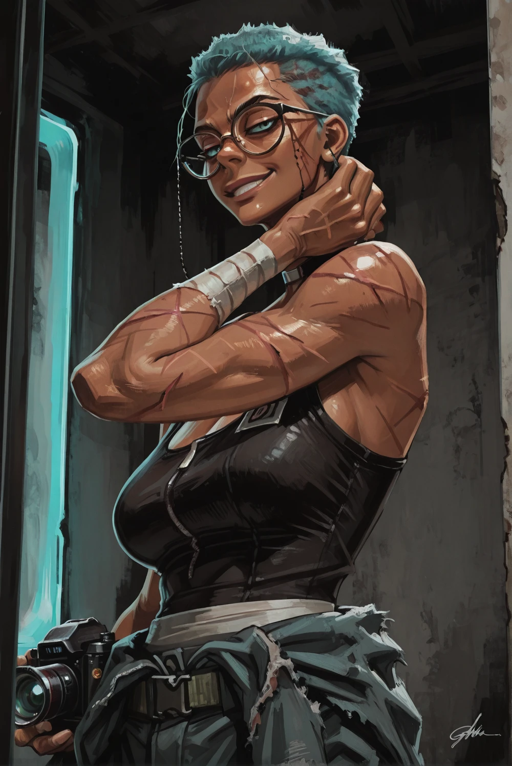 ,lazypos, upper body, <lora:Semiu_Grier_from_Gachiakuta__Villys_LoRa-000006:1> glasses, manga-style, dark-skinned, Semiu Grier looking back over her shoulder with a teasing smirk, dynamic camera angle highlighting her curves, wearing a torn jacket tied around her waist, fitted tank top, combat shorts, detailed scars and bandages showing her toughness, dim ambient light with turquoise reflections from the Abyss, Gachiakuta's signature gritty aesthetic, ultra-HD, 8K <lora:DynamicPoseIL2att_alpha1.0_rank4_noxattn_900steps:2> Dynamic Pose