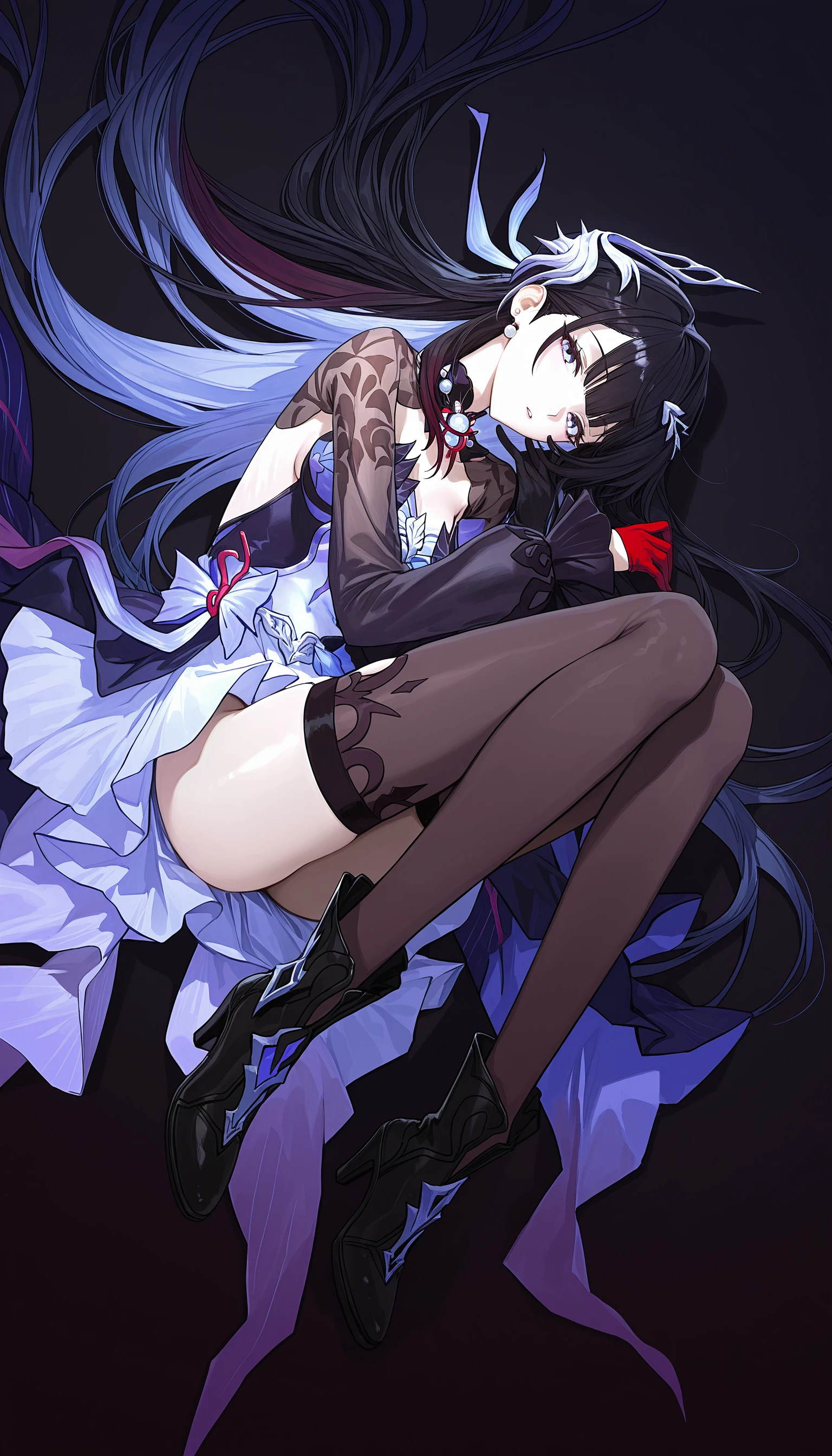 A beauty in stockings,a matural female,Blue translucent miniskirt,cabelos preto e longos,fearful expression,Tears in the eyes,very photoreal