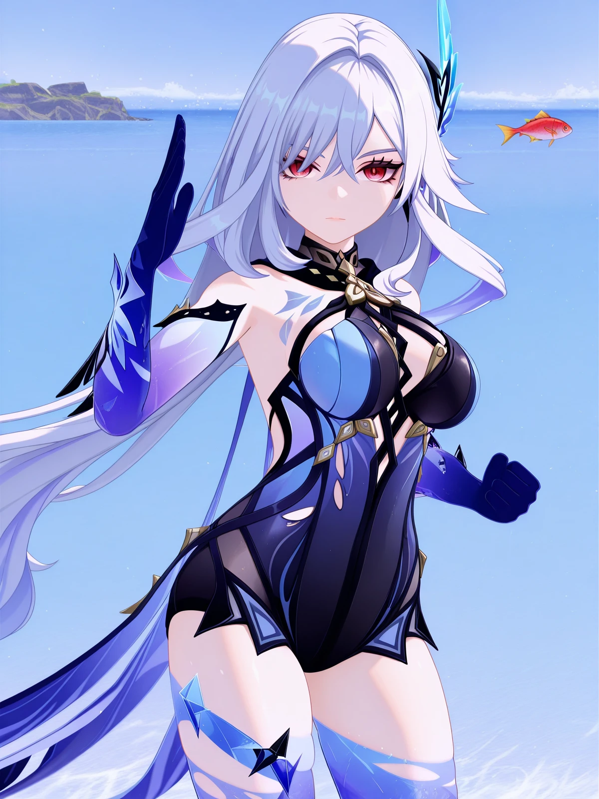 masterpiece, best quality, amazing quality,, <lora:genshin-skirk-ingame-illustriousxl-lora-nochekaiser:1>, skirk, skirt (genshin impact), long hair, bangs, hair ornament, hair between eyes, very long hair, red eyes, white hair, mature female, breasts, 3d, thighhighs, gloves, bare shoulders, black gloves, elbow gloves, leotard, clothing cutout, black leotard, two-tone leotard, blue leotard, blue thighhighs, torn clothes, coattails, zettai ryouiki,, <lora:kung-fu-illustriousxl-lora-nochekaiser:1>, kung fu, martial arts, training, fighting stance, cowboy shot, hand up, ocean, waves, saltwater, fish, vast, cowboy shot, solo, looking at viewer,