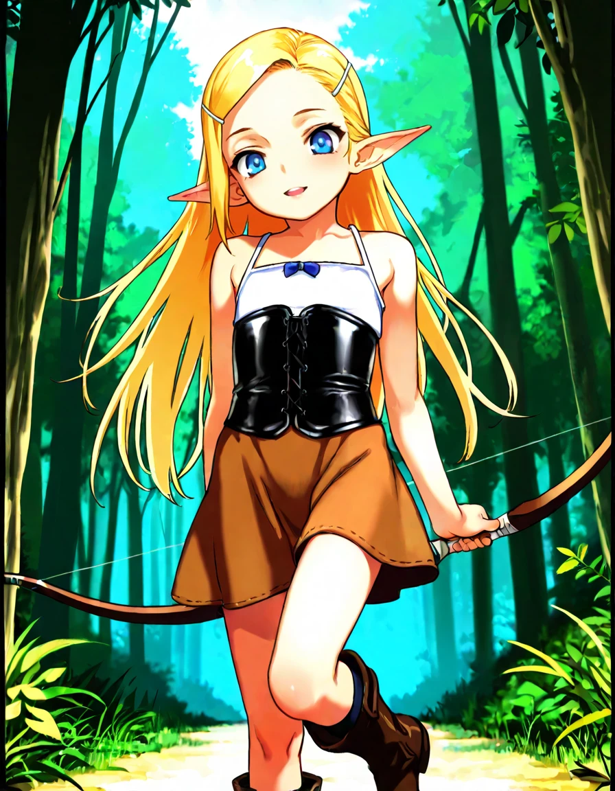 parted lips, gentle smile, sundress, half top body view, looking at viewer, solo,   masterpiece, best quality,  solo, elf girl, blond hair, long hair, blue eyes, hair ornament, pointy ears, petite girl, flat , leather corset,  parted lips, upper teeth, 
flat , slender, brown skirt, kneehigh boots, leather skirt, forest, bow \(weapon\), arrow,   sleeveless, 
 <lora:elf_happening:0.8>  <lora:StandWithOneLegUpPony.1.0:0.6> standing with one leg up ,
