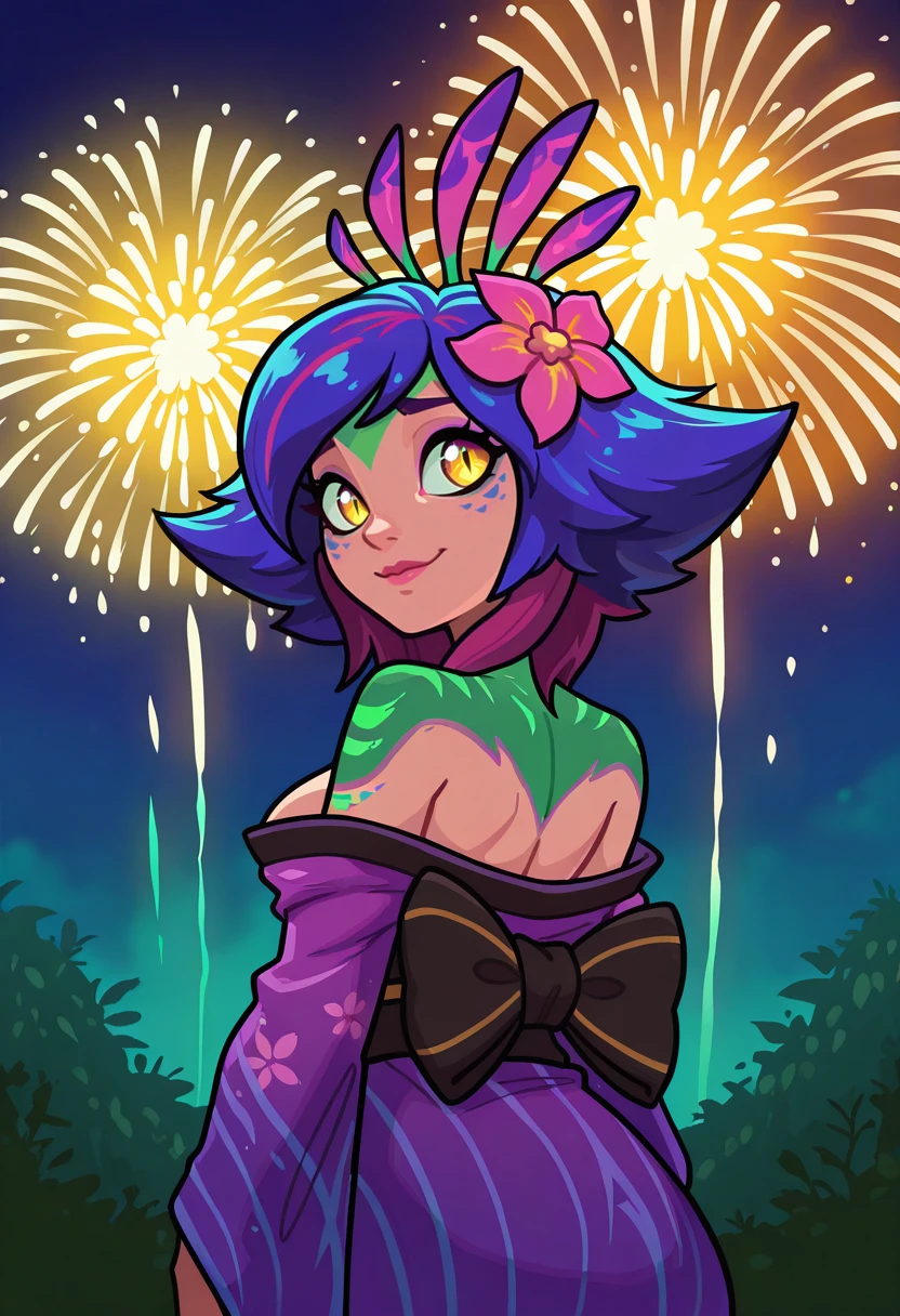 very awa, masterpiece, best quality, absurdres, newest, perfect quality, detailed background, intricate details
<lora:ILLOLNeeko:1>
LOLNeeko, 1girl, hair flower, hair ornament, blue hair, pink flower, yellow eyes, flipped hair, medium hair, multicolored hair, slit pupils, slight smile, looking back, japanese clothes, kimono, off shoulder, kimono pull, black sash, bare shoulders, outdoors, night, fireworks