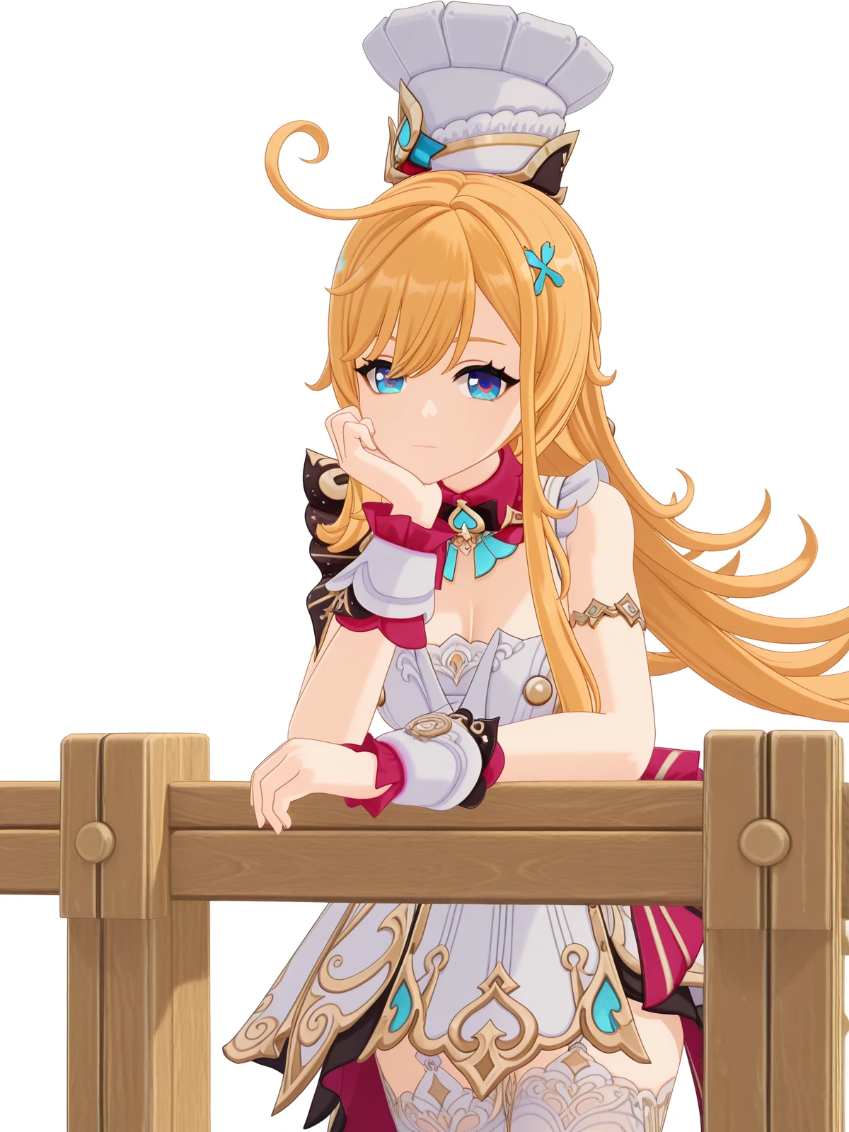 masterpiece, best quality, amazing quality,, <lora:genshin-escoffier-ingame-illustriousxl-lora-nochekaiser:1>, escoffier, escoffier (genshin impact), long hair, blue eyes, blonde hair, hair ornament, very long hair, ahoge, mature female, breasts, 3d, dress, thighhighs, hat, sleeveless, white dress, white thighhighs, wrist cuffs, white headwear, chef hat, head rest, wooden bridge, planks, rustic, crossing, narrow, cowboy shot, solo, looking at viewer, <lora:transparent-background-illustriousxl-lora-nochekaiser:1>, transparent background, simple background, white background
