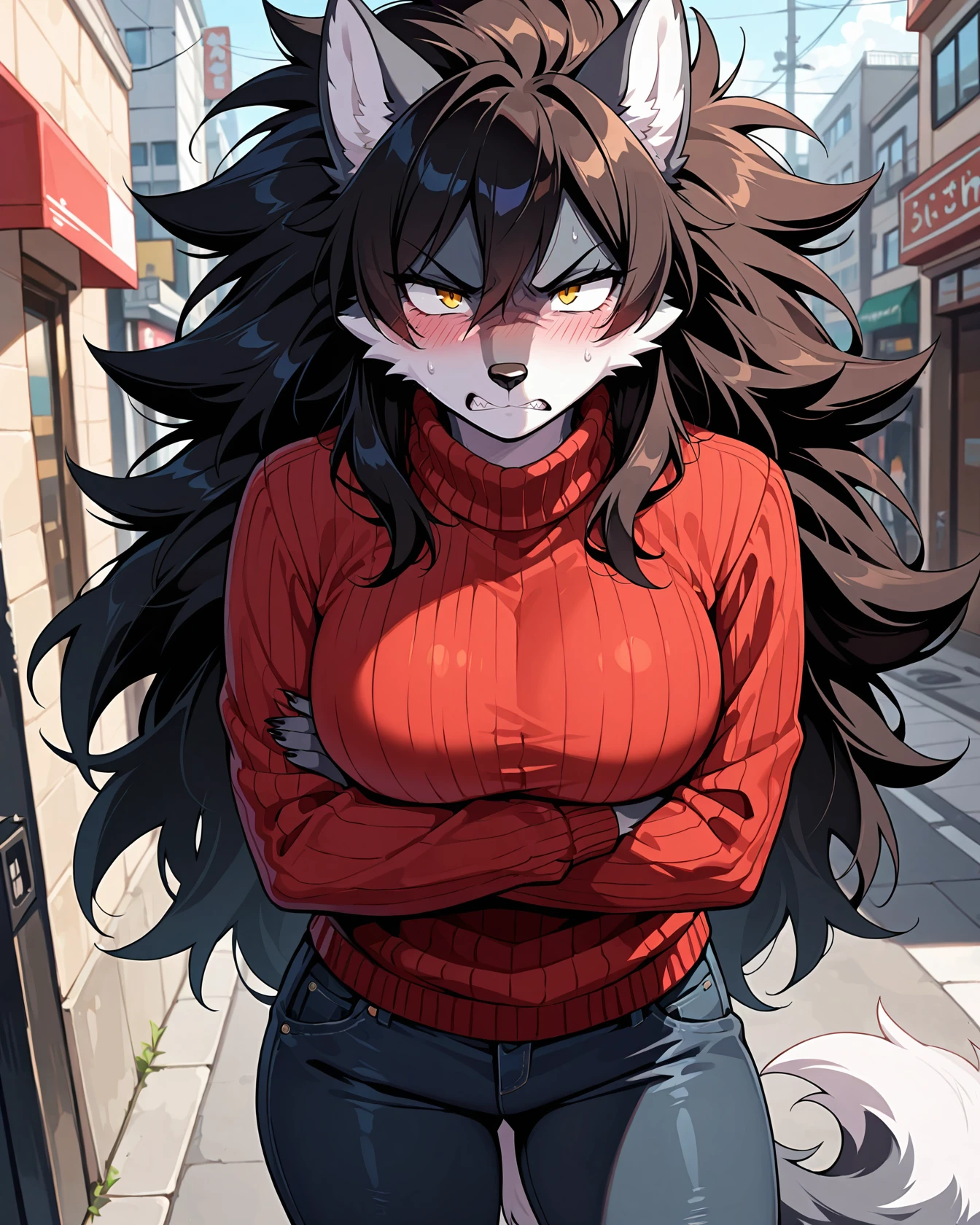 masterpiece, best quality, anthro, wolf, furry female, big hair, angry, blush, tsundere, sweater, pants, streets, outdoors, solo