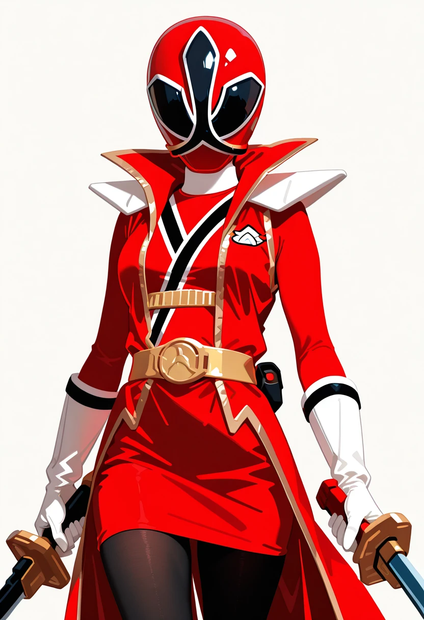 masterpiece, best quality, very aesthetic, absurdres, simple background, flat color, no outline,
BREAK 1 girl, Red_ranger_S, red , helmet, mask, black pantyhose, red skirt, straight skirt, white gloves, holding sword, red sleeveless trench coat, cowboy shot, <lora:Red_Ranger_Samurai_Illustrious:1.2>, <lora:illustrious_flat_color_v2:1>