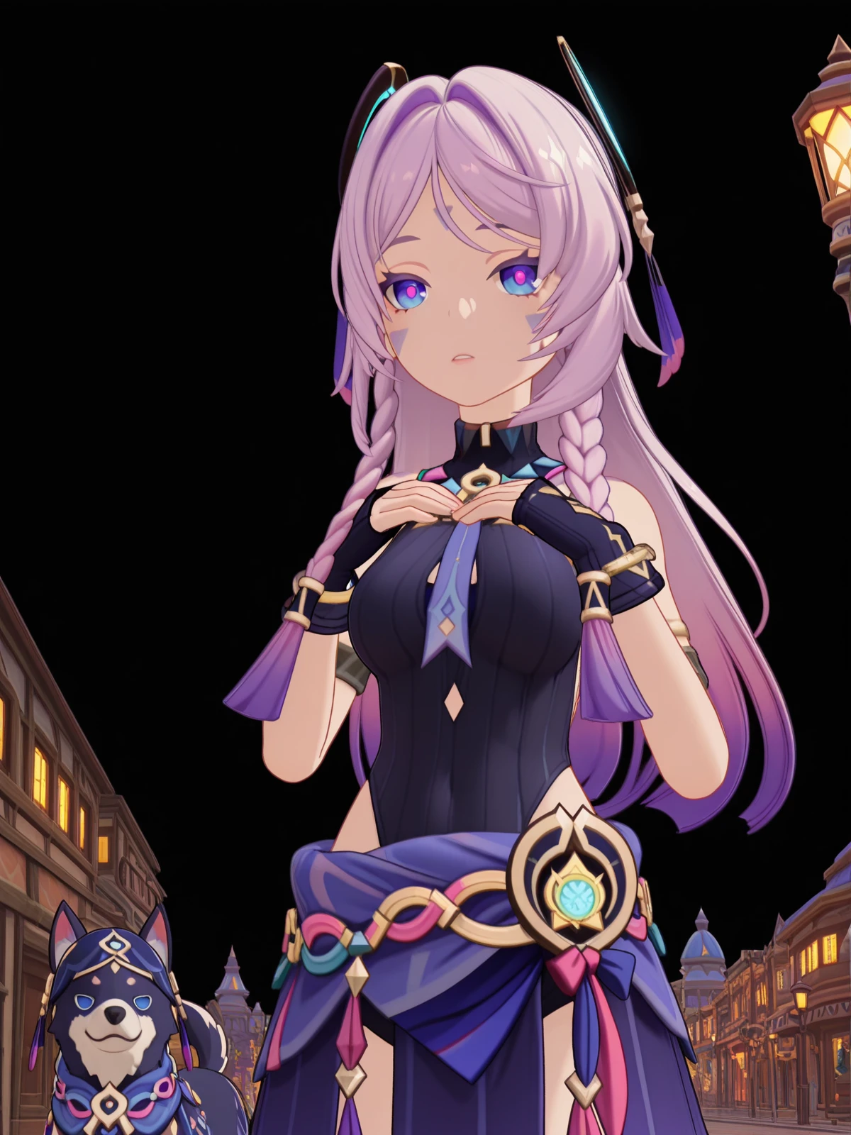 masterpiece, best quality, amazing quality,, <lora:genshin-citlali-ingame-illustriousxl-lora-nochekaiser:1>, citlali, citlali (genshin impact), blue eyes, braid, pink hair, facial mark, forehead mark, long hair, pink pupils, purple hair, gradient hair, hair ornament, twin braids, mature female, medium breasts, 3d, black leotard, fingerless gloves, gloves, leotard, purple skirt, ribbed leotard, hip vent, turtleneck, bare shoulders, necktie, detached , hands on own chest,, city street, evening, streetlights, walking dog, quiet neighborhood, gentle breeze, cowboy shot, solo, looking at viewer, <lora:transparent-background-illustriousxl-lora-nochekaiser:1>, transparent background, simple background, white background