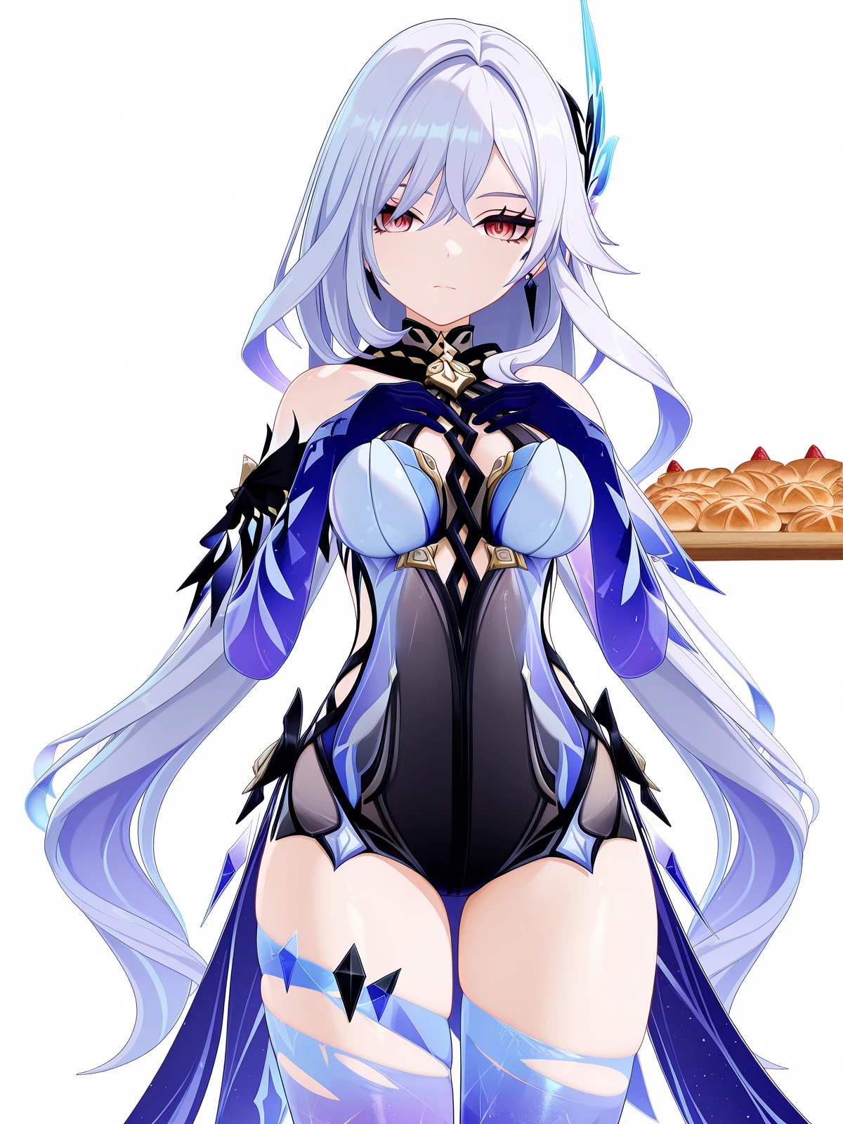 masterpiece, best quality, amazing quality,, <lora:genshin-skirk-ingame-illustriousxl-lora-nochekaiser:1>, skirk, skirt (genshin impact), long hair, bangs, hair ornament, hair between eyes, very long hair, red eyes, white hair, mature female, breasts, 3d, thighhighs, gloves, bare shoulders, black gloves, elbow gloves, leotard, clothing cutout, black leotard, two-tone leotard, blue leotard, blue thighhighs, torn clothes, coattails, zettai ryouiki,, hands on own chest,, bakery, bread, pastries, sweets,, cowboy shot, solo, looking at viewer, <lora:transparent-background-illustriousxl-lora-nochekaiser:1>, transparent background, simple background, white background