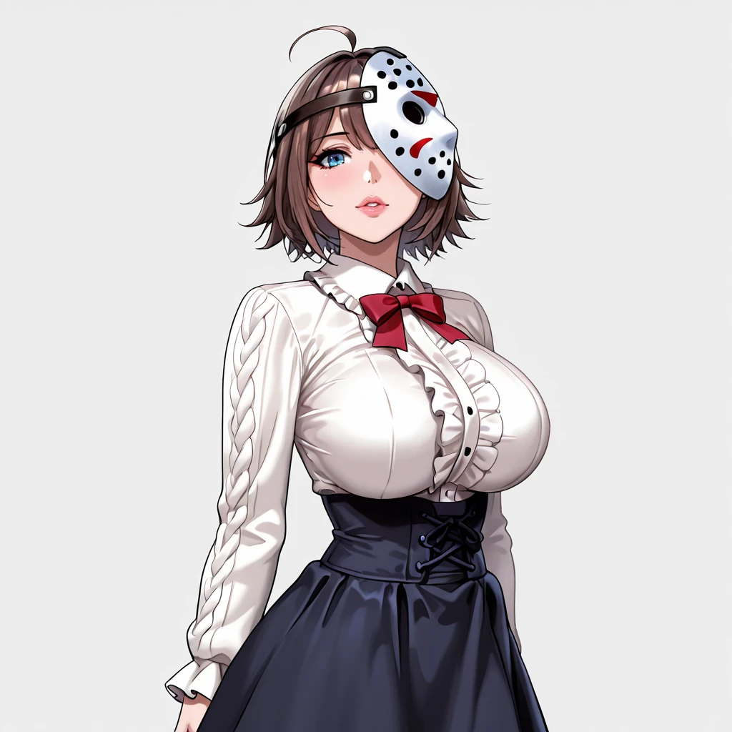 <lora:BishoujoJason_illustrious_v1:.8> BishoujoJason, 1girl, large breasts, mask, brown hair, short hair, blue eyes, lips, cowboy shot, <lora:virgin-killer-outfit-illustriousxl-lora-nochekaiser:1> virgin killer outfit, meme attire, high-waist skirt, center frills, frilled shirt, underbust, aran sweater, frilled shirt collar, red bowtie, frills, skirt,