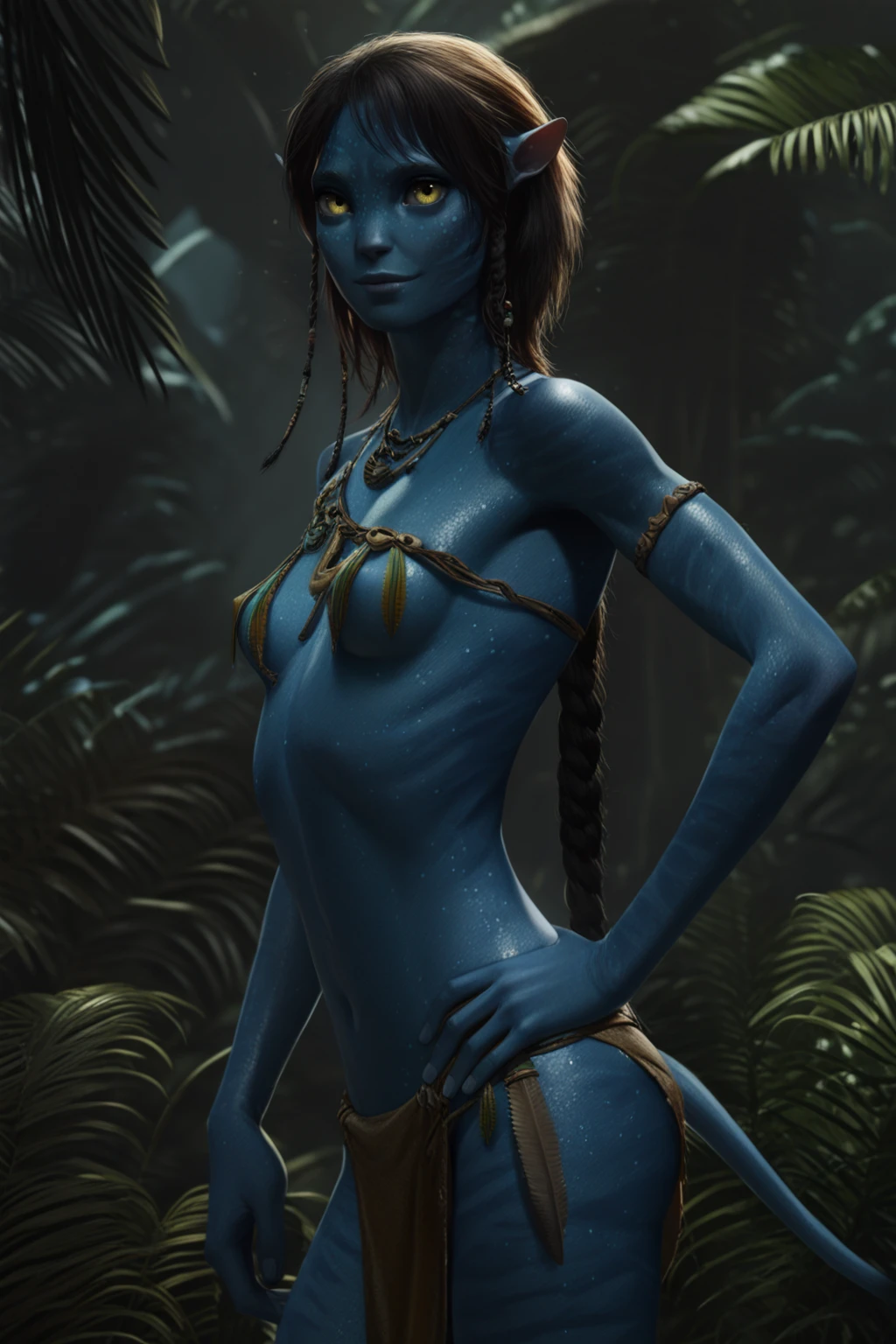 masterpiece, best quality, absurdres, highres, normal quality, very aesthetic, realistic, (photorealistic), kiriatwow, blue skin, alien, tribal, yellow eyes, (single braid), long hair, jewelry, necklace, small breasts, perky breasts, (covered breasts), loincloth, looking at viewer, skinny, hand on hip, cowboy shot, (cow tail:1.0)