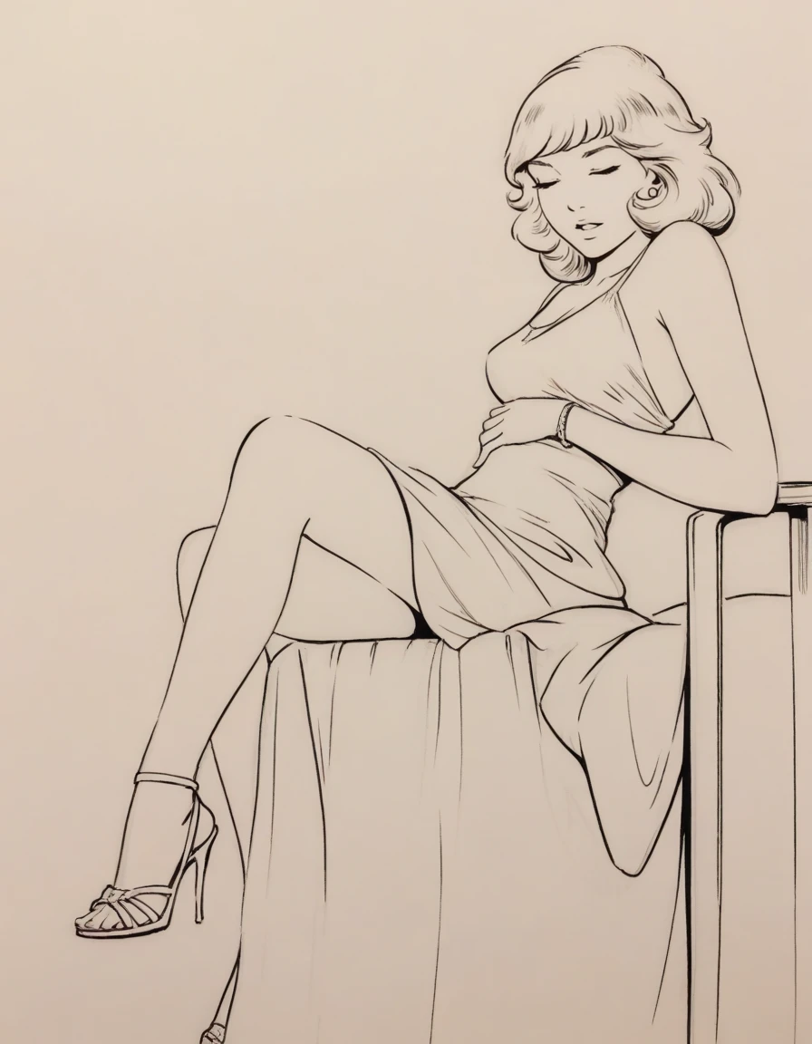 masterpiece, best quality,  liz, blond girl, medium hair, bangs, earrings, parted lips, upper teeth, , thin waist, sundress, high heels,
monochrome,  traditionnal media, white background,  
 <lora:liz_illu:1.0>