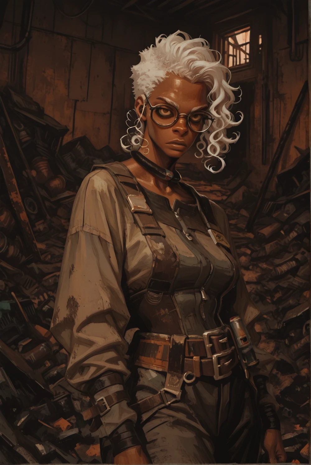,lazypos, <lora:Semiu_Grier_from_Gachiakuta__Villys_LoRa-000006:1> glasses, manga-style, dark-skinned, Semiu Grier from Gachiakuta, official anime style, detailed character design, sharp eyes, dark skin, short curly white hair, wearing a rugged post-apocalyptic outfit with belts and straps, atmospheric lighting, muted color palette with hints of turquoise and orange, background of the Abyss (Junk Pit), debris and scrap metal scattered around, cinematic composition, highly detailed, 8K <lora:NIJI:1> niji