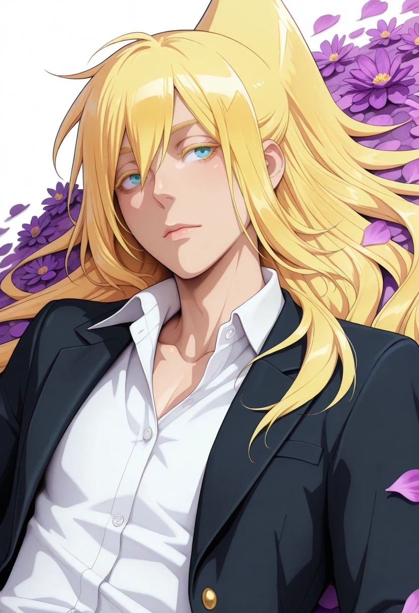 very awa, masterpiece, best quality, absurdres, newest, perfect quality, detailed background, intricate details,
<lora:ILMIMTW4kas4:1.0>
MIMTW4kas4, blonde hair, 1boy, male focus, blue eyes, long hair, colored eyelashes, high ponytail, male focus, petals, open jacket, lying, white shirt, on back, purple flower, open clothes, blazer, black jacket, school uniform, collared shirt, white background, upper body