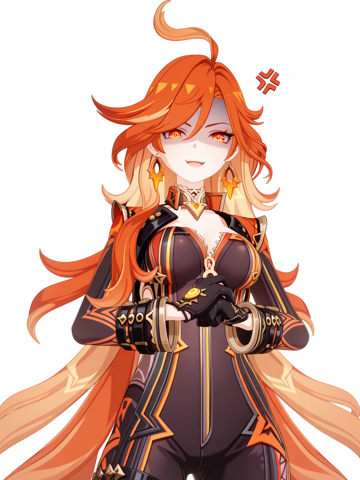 masterpiece, best quality, amazing quality,, <lora:genshin-mavuika-ingame-illustriousxl-lora-nochekaiser:1>, mavuika, mavuika (genshin impact), ahoge, long hair, red eyes, very long hair, blonde hair, symbol in eye, glowing, mature female, breasts, 3d, choker, biker clothes, bikesuit, black bodysuit, black gloves, cleavage, earrings, gloves, jewelry, long sleeves,, <lora:cracking-knuckles-illustriousxl-lora-nochekaiser:1>, cracking knuckles, shaded face, open mouth, looking at viewer, looking down, fist in hand, own hands together, anger vein, false smile,, wasteland, barren, dry, post_apocalyptic, desolate, cowboy shot, solo, looking at viewer, <lora:transparent-background-illustriousxl-lora-nochekaiser:1>, transparent background, simple background, white background