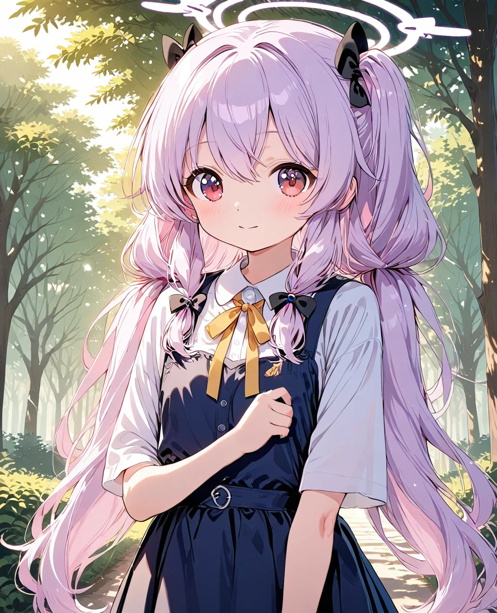1girl, solo, pinafore dress, outdoors, looking at viewer, long hair, tree, shirt, white shirt, dress, twin braids, red eyes, short sleeves, bangs, purple hair, ribbon, braid, bow, closed mouth, neck ribbon, hair bow, standing, day, hair over shoulder, blue dress, blush, hair between eyes, collared shirt, cowboy shot, nature, pleated dress, forest, twintails, halo, yellow ribbon, low twintails, holding own arm, black ribbon