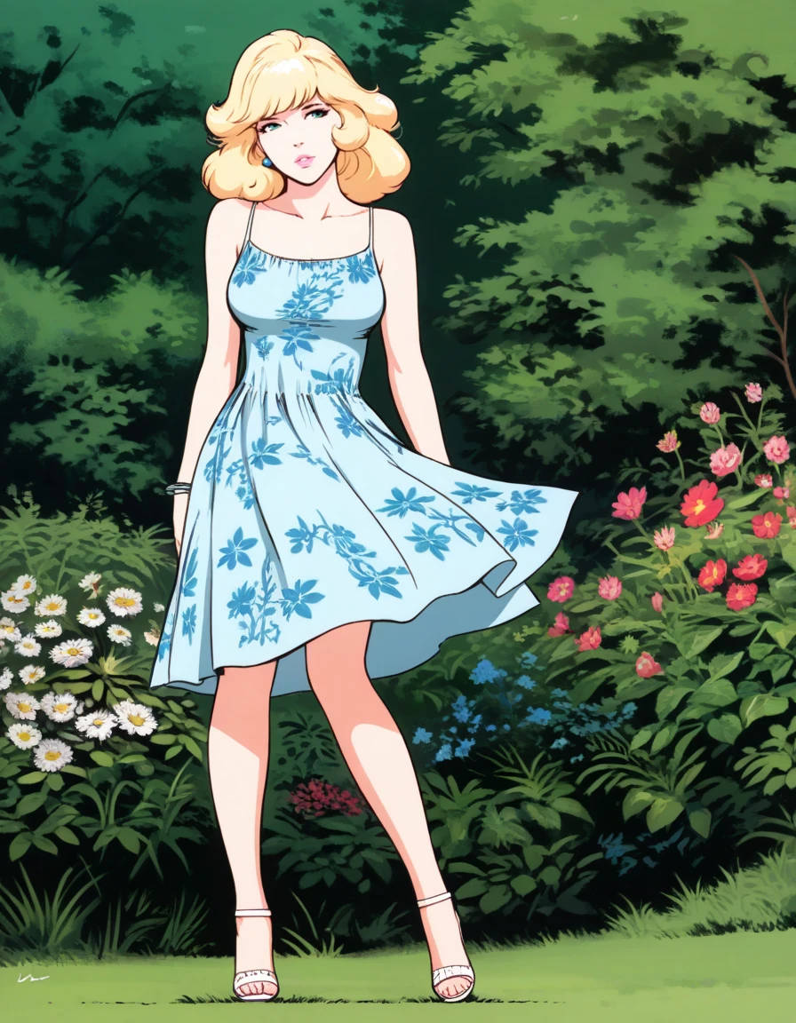 masterpiece, best quality,  liz, blond girl, medium hair, bangs, earrings, parted lips, upper teeth, , thin waist, flower patterned sundress, high heels,
 <lora:liz_illu:1.0>