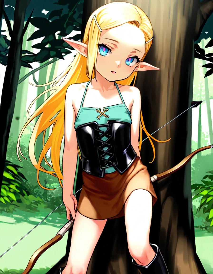 parted lips, gentle smile, sundress, half top body view, looking at viewer, solo,   masterpiece, best quality,  solo, elf girl, blond hair, long hair, blue eyes, hair ornament, pointy ears, petite girl, flat , leather corset,  parted lips, upper teeth, 
flat , slender, brown skirt, kneehigh boots, leather skirt, forest, bow \(weapon\), arrow,   sleeveless, 
 <lora:elf_happening:1.0> ,