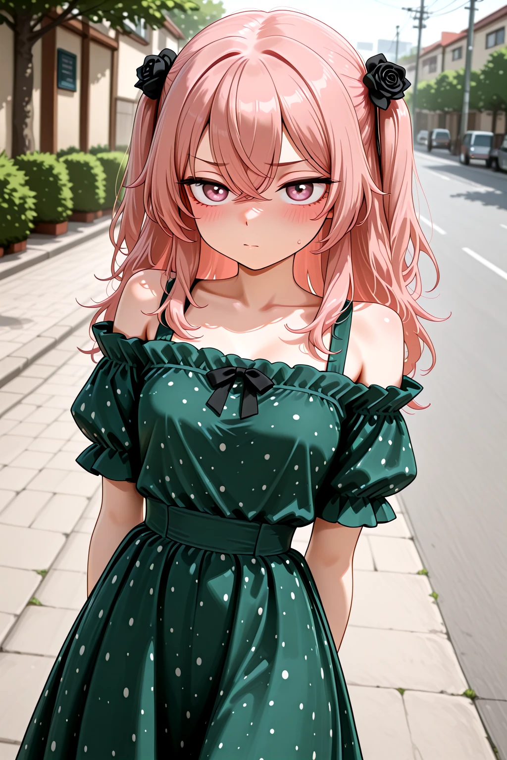 masterpiece, best quality, amazing quality, 1girl, solo, makeup, general, cowboy shot, looking at viewer, blush, dramatic angle, shy, outdoors, road, dutch angle, <lora:sajuna-inui-s1-illustriousxl-lora-nochekaiser:0.8>, sajuna inui, inui sajuna, long hair, bangs, hair ornament, hair between eyes, pink hair, pink eyes, two side up, crossed bangs, hair flower, black rose, mature female, small breasts, <lora:Emerald_Ruffle_OffShoulder_Polka_Maxi_Dress:1>, Emerald_Ruffle_OffShoulder_Polka_Maxi_Dress, green dress, off-shoulder dress, long dress, bare shoulders, puffy short sleeves, polka dot, collarbone, frills, <lora:wai-A3-V140:1>, <lora:illustrious_noobai_epsilon_pred_1_masterpieces_v1:1>