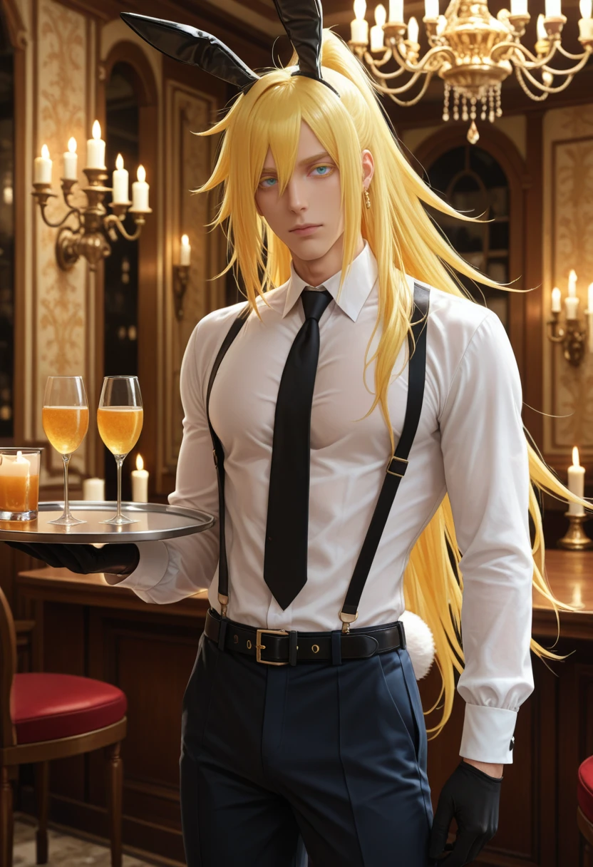 very awa, masterpiece, best quality, absurdres, newest, perfect quality, detailed background, intricate details,
<lora:ILMIMTW4kas4:1.0>
MIMTW4kas4, blonde hair, 1boy, male focus, blue eyes, long hair, colored eyelashes, high ponytail, black pants, white shirt, chandelier, pectorals, black gloves, rabbit tail, black necktie, candle, collared shirt, holding tray, indoors, suspenders, coat, jewelry, black belt, standing, looking at viewer, drinking glass, cup, long sleeves, male playboy