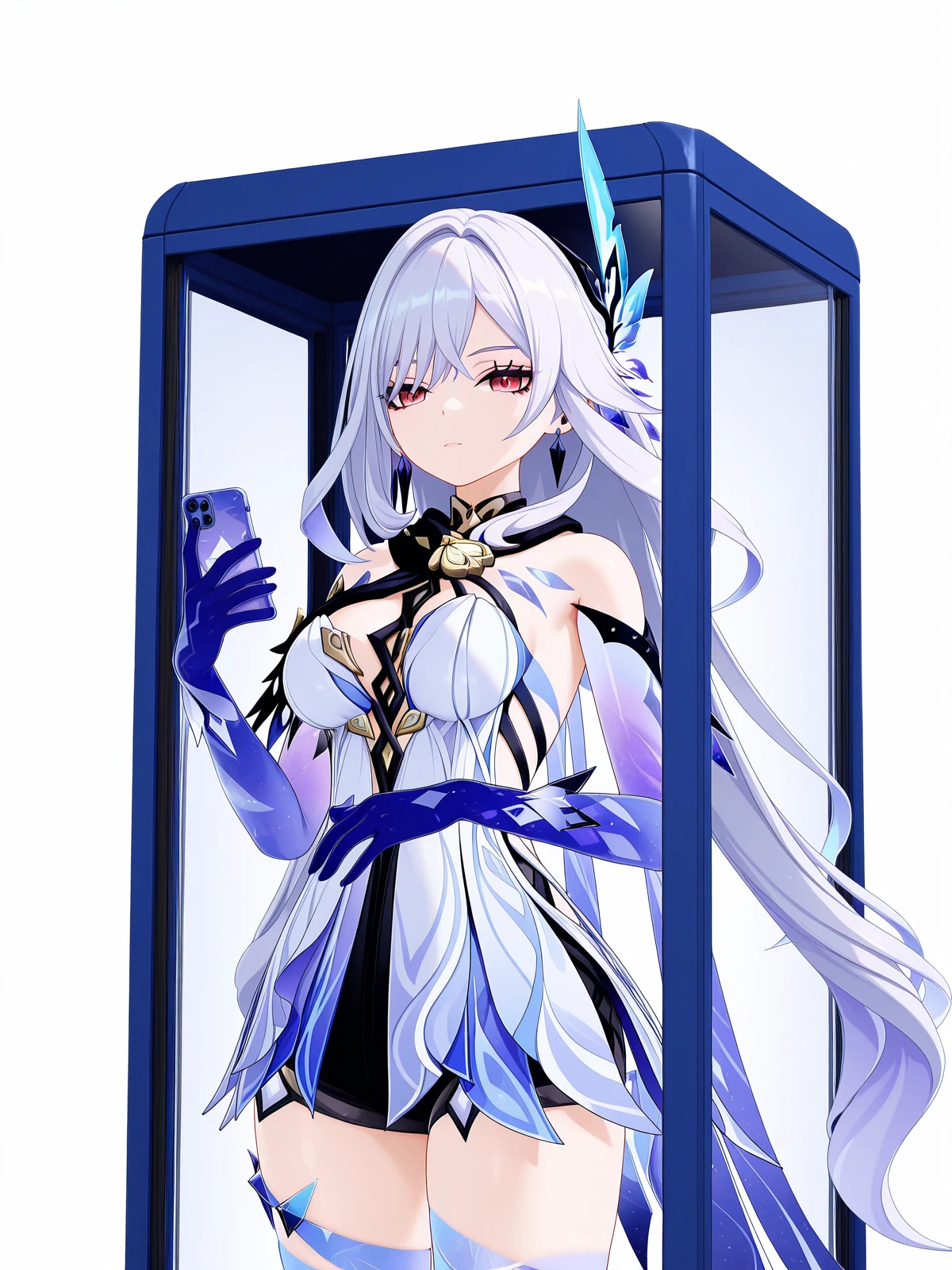 masterpiece, best quality, amazing quality,, <lora:genshin-skirk-ingame-illustriousxl-lora-nochekaiser:1>, skirk, skirt (genshin impact), long hair, bangs, hair ornament, hair between eyes, very long hair, red eyes, white hair, mature female, breasts, 3d, gloves, dress, cleavage, bare shoulders, elbow gloves, white dress, v,, phone booth, glass, phone, street, retro, cowboy shot, solo, looking at viewer, <lora:transparent-background-illustriousxl-lora-nochekaiser:1>, transparent background, simple background, white background