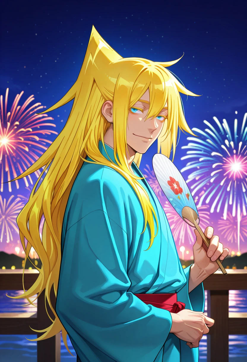 very awa, masterpiece, best quality, absurdres, newest, perfect quality, detailed background, intricate details,
<lora:ILMIMTW4kas4:1.0>
MIMTW4kas4, blonde hair, 1boy, male focus, blue eyes, long hair, colored eyelashes, high ponytail, fireworks, japanese clothes, male focus, hand fan, holding fan, night sky, outdoors, rsmile, paper fan, kimono, wide sleeves, closed mouth, long sleeves