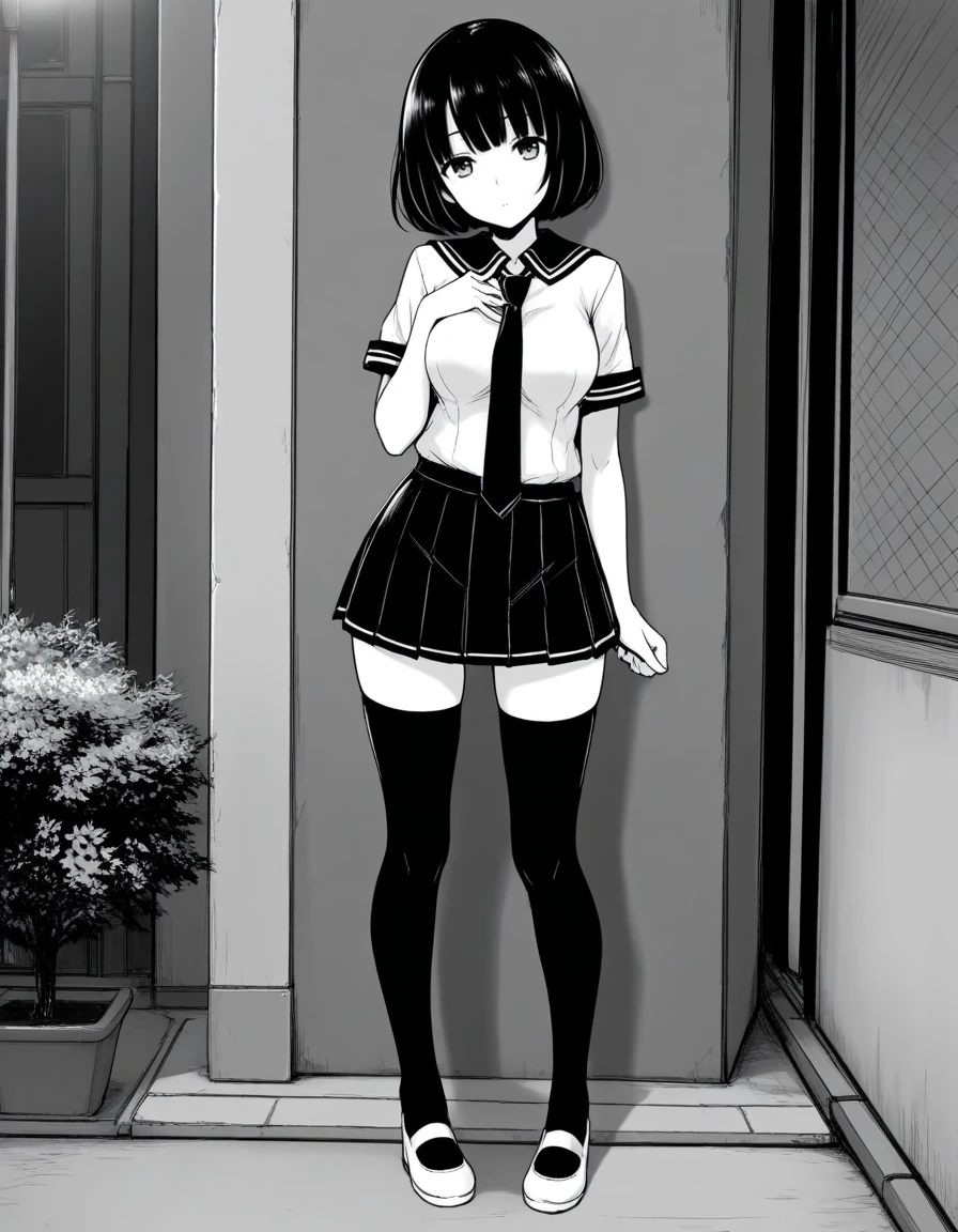 masterpiece, best quality,  <lora:immoral_girl:0.8>  immoral_girl, black hair, bob cut hair, green eyes, , serafuku, shirt, neck tie, pleated black skirt, black thighhighs, white flat shoes,  solo, monochrome, greyscale,, facing viewer, looking at viewer, open eyes, , full body view, head, , legs, shoes, solo, outdoor, standing,