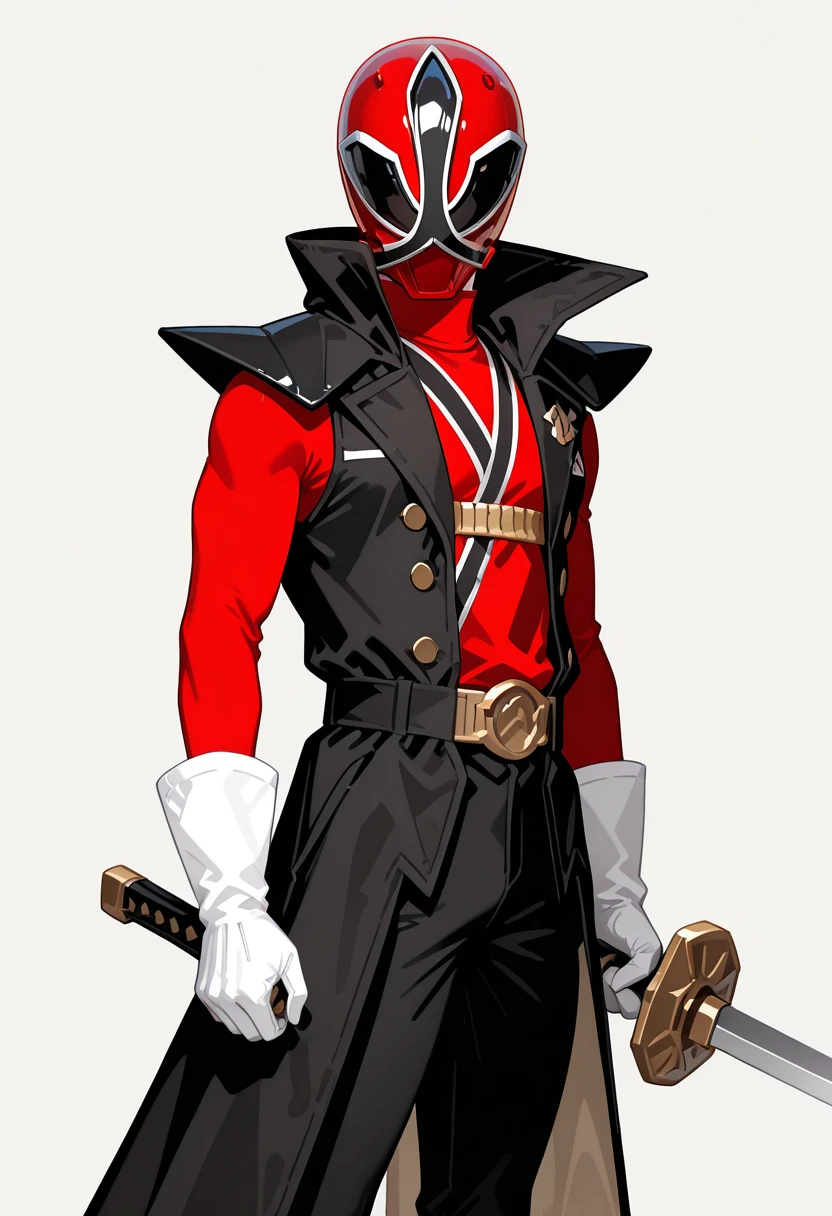 masterpiece, best quality, very aesthetic, absurdres, simple background, flat color, no outline,
BREAK 1 boy, red bodysuit, helmet, mask, black pants, white gloves, holding sword, black sleeveless trench coat
BREAK <lora:Red_Ranger_Samurai_Illustrious:1.4>, good hand, <lora:illustrious_flat_color_v2:1>
