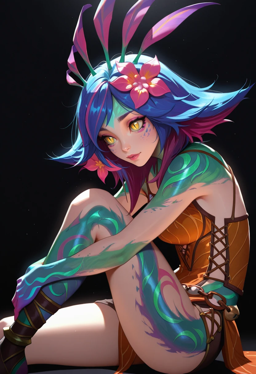 very awa, masterpiece, best quality, absurdres, newest, perfect quality, detailed background, intricate details
<lora:ILLOLNeeko:1>
LOLNeeko, 1girl, hair flower, hair ornament, blue hair, pink flower, yellow eyes, flipped hair, medium hair, multicolored hair, slit pupils, sitting, knee up, from the side, black background, back lighting