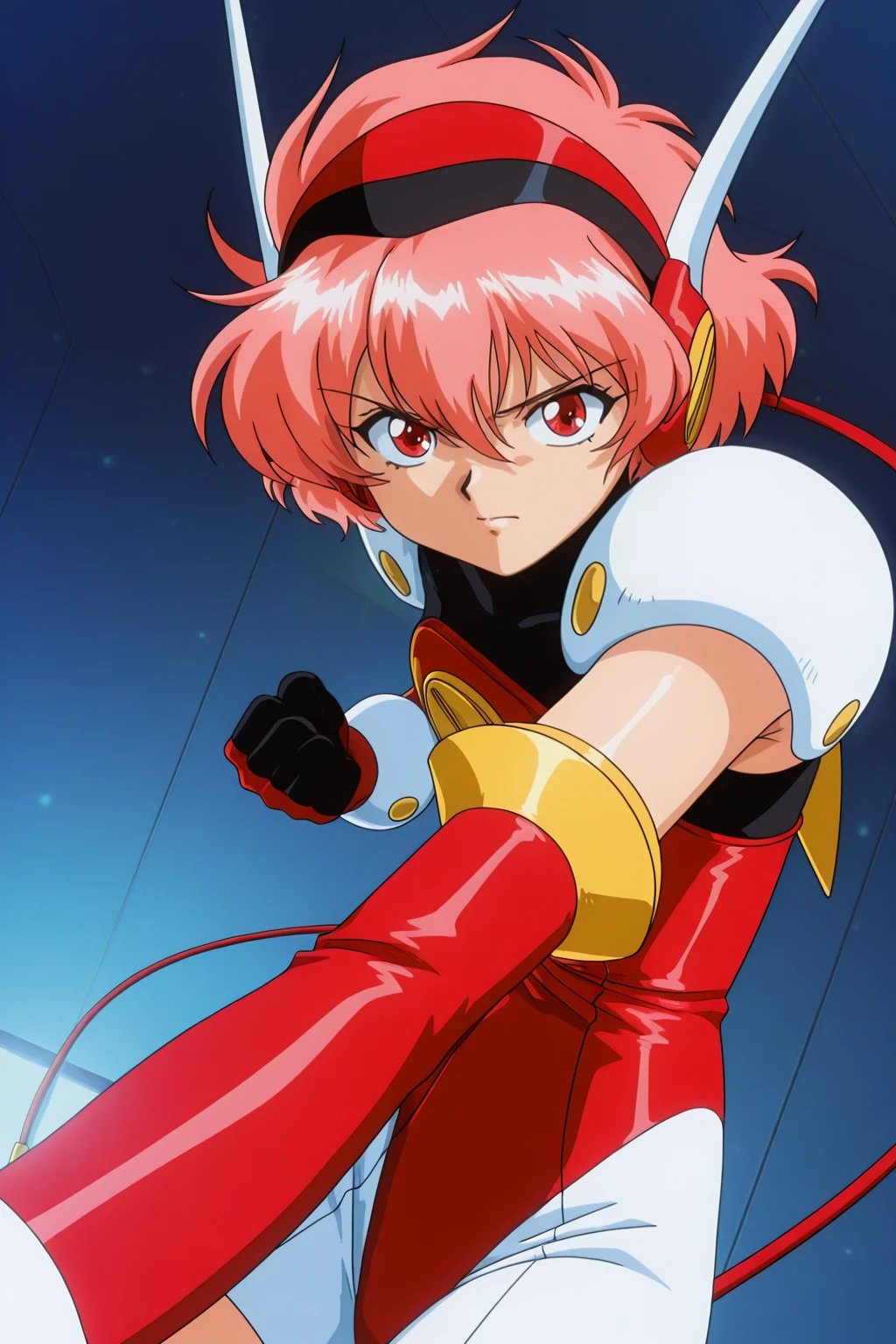 (masterpiece, best quality), absurdres, ultra-detailed, retro artstyle, 1990s \(style\), newest, cowboy shot, 8k, hikaru1, layersuit, red eyes, looking at viewer, glaring, fighting stance, highly detailed, deep focus, volumetric lighting, doll, doll joints, bloom, monitor, hyperrealistic, sharp focus, bokeh, pov, anime screencap, (action pose, action scene:1.1), motion blur, tilt-shift, (foreshortening), projected inset, cover page