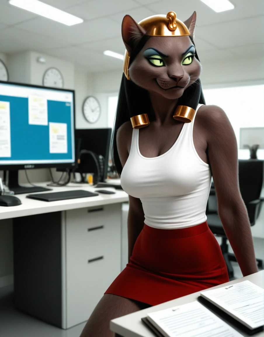 photorealism, masterpiece, best quality, high resolution, solo, office,
mirage, female, anthro, cat, brown fur, black hair, green sclera, eyeshadow, gold headwear,  tank top, red miniskirt, smirk, looking away, 
by takahirosi,by doomthewolf, <lora:MirageXL_045-Illus-nd32-na32-lr1-b2-ep08:1>